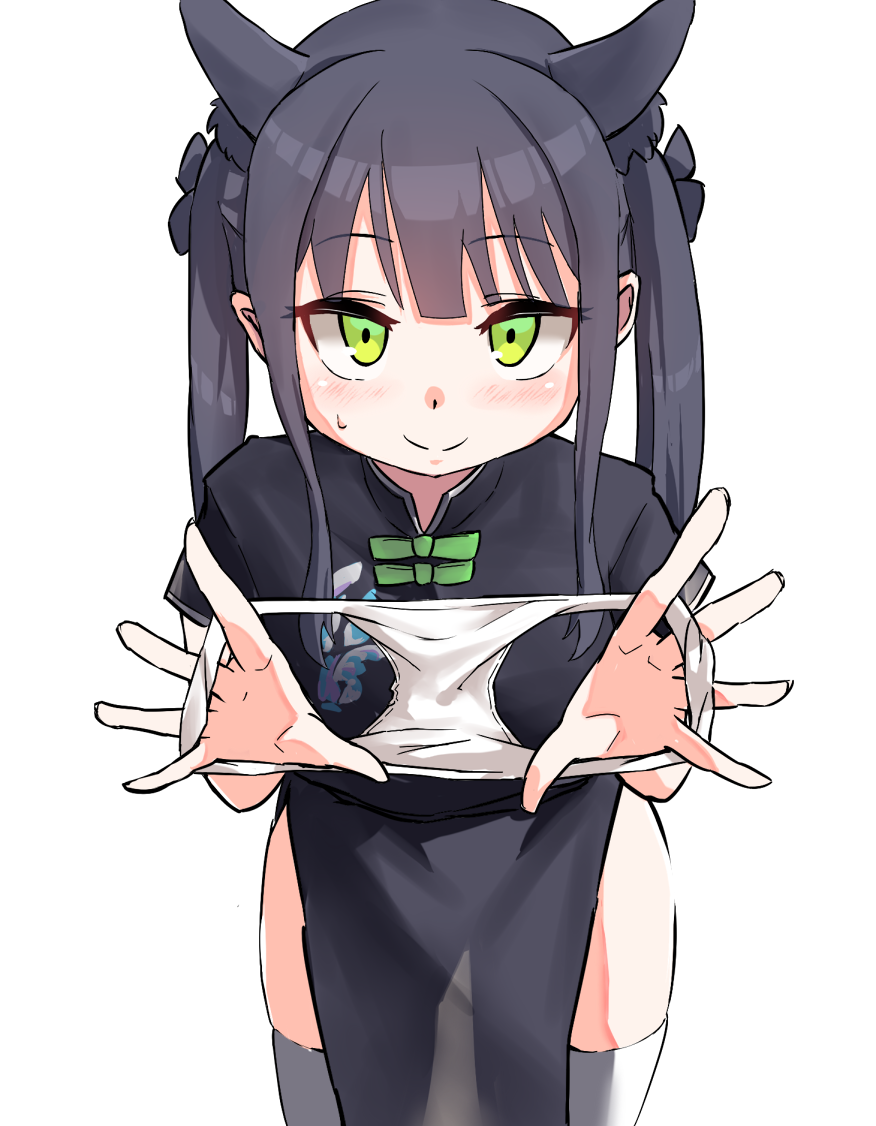 1girl animal_ears black_dress black_hair blue_archive blush china_dress chinese_clothes closed_mouth dot_nose dress embarrassed eyebrows eyelashes feet_out_of_frame female_focus from_above green_eyes hands_up holding holding_panties holding_underwear long_hair naughty_face niceratus_kiotensis panties pov presenting short_sleeves shun_(blue_archive) shun_(small)_(blue_archive) simple_background smile solo standing thighhighs twintails underwear white_background white_panties white_thighhighs