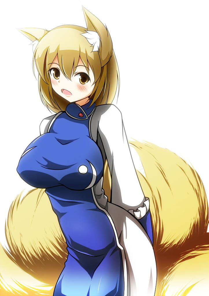 1girl animal_ears backlighting blonde_hair blush breasts dress female_focus fox_ears fox_tail large_breasts long_sleeves looking_at_viewer merry_(diameri) no_headwear open_mouth solo tabard tail touhou white_dress yakumo_ran yellow_eyes