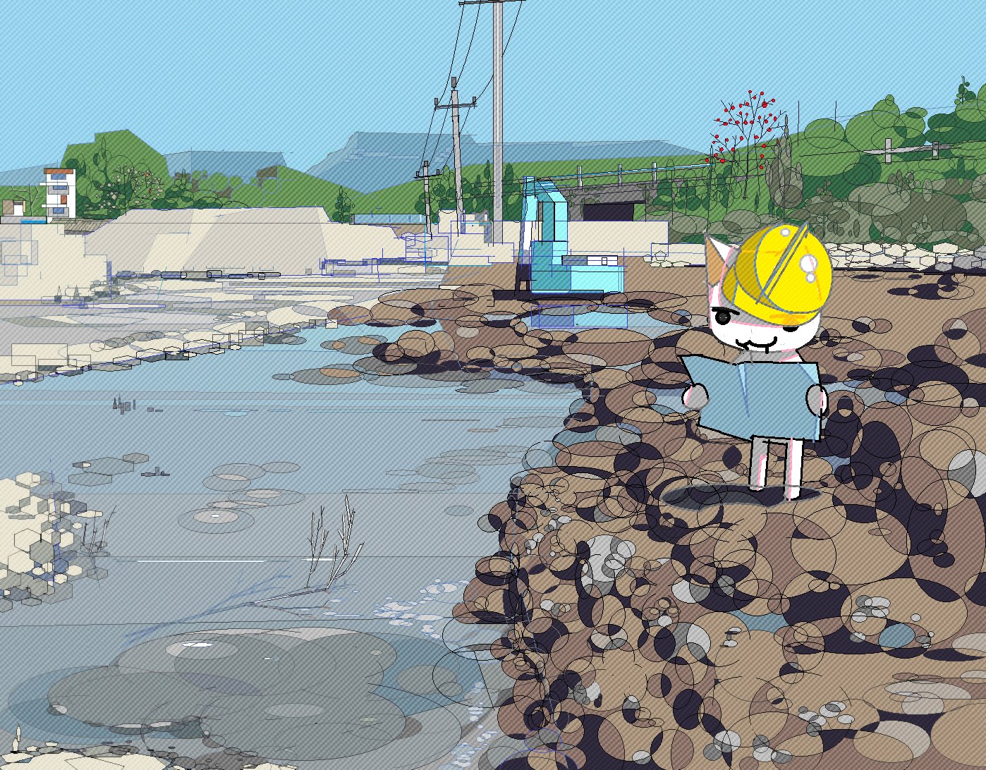 1boy :3 blue_sky blueprint_(object) construction doko_demo_issho excavator hard_hat hat helmet holding holding_blueprints inoue_toro male_focus microsoft_paint_(medium) mountainous_horizon open_mouth outdoors oval pebble power_lines river riverbank sky solo standing tilted_headwear tkwkai utility_pole yellow_hat