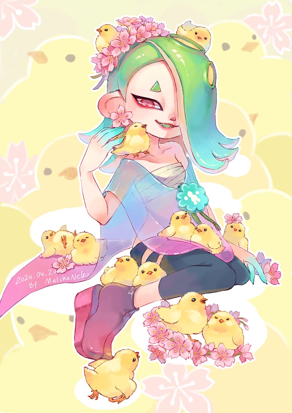1girl animal animal_on_head artist_name bird bird_on_head black_pants cephalopod_eyes chest_sarashi chick collarbone commentary dated earrings flower flower_earrings green_hair hair_over_one_eye highres jewelry long_hair matchaneko nintendo octoling okobo on_head open_mouth pants pink_flower platform_footwear platform_sandals red_eyes red_pupils sandals sarashi shiver_(splatoon) shiver_(springfest)_(splatoon) smile splatoon_(series) splatoon_3 tabi teeth tentacle_hair too_many too_many_chicks torn_clothes torn_pants