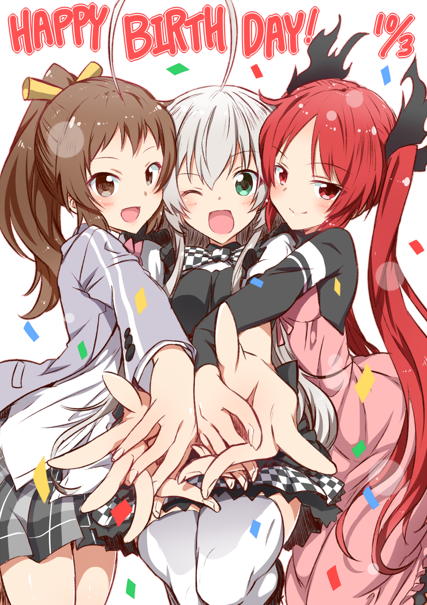 &gt;:) 3girls :d ;d ahoge apron black_apron blush bow bowtie brown_eyes brown_hair checkered_bow checkered_bowtie checkered_clothes checkered_skirt closed_mouth commentary_request confetti cowboy_shot cthugha_(nyaruko-san) dress foreshortening green_eyes grey_hair grey_jacket hair_between_eyes haiyore!_nyaruko-san happy highres holding_hands hug huge_ahoge interlocked_fingers jacket kurei_tamao long_hair long_sleeves miniskirt multiple_girls nyarlathotep_(nyaruko-san) one_eye_closed open_clothes open_jacket open_mouth parted_bangs pink_dress plaid_clothes plaid_skirt pleated_skirt ponytail red_eyes red_hair school_uniform shirt sidelocks simple_background skirt sleeveless sleeveless_dress smile split_mouth thighhighs tsurime twintails v-shaped_eyebrows very_long_hair white_background white_shirt white_thighhighs yuto_(dialique) zettai_ryouiki