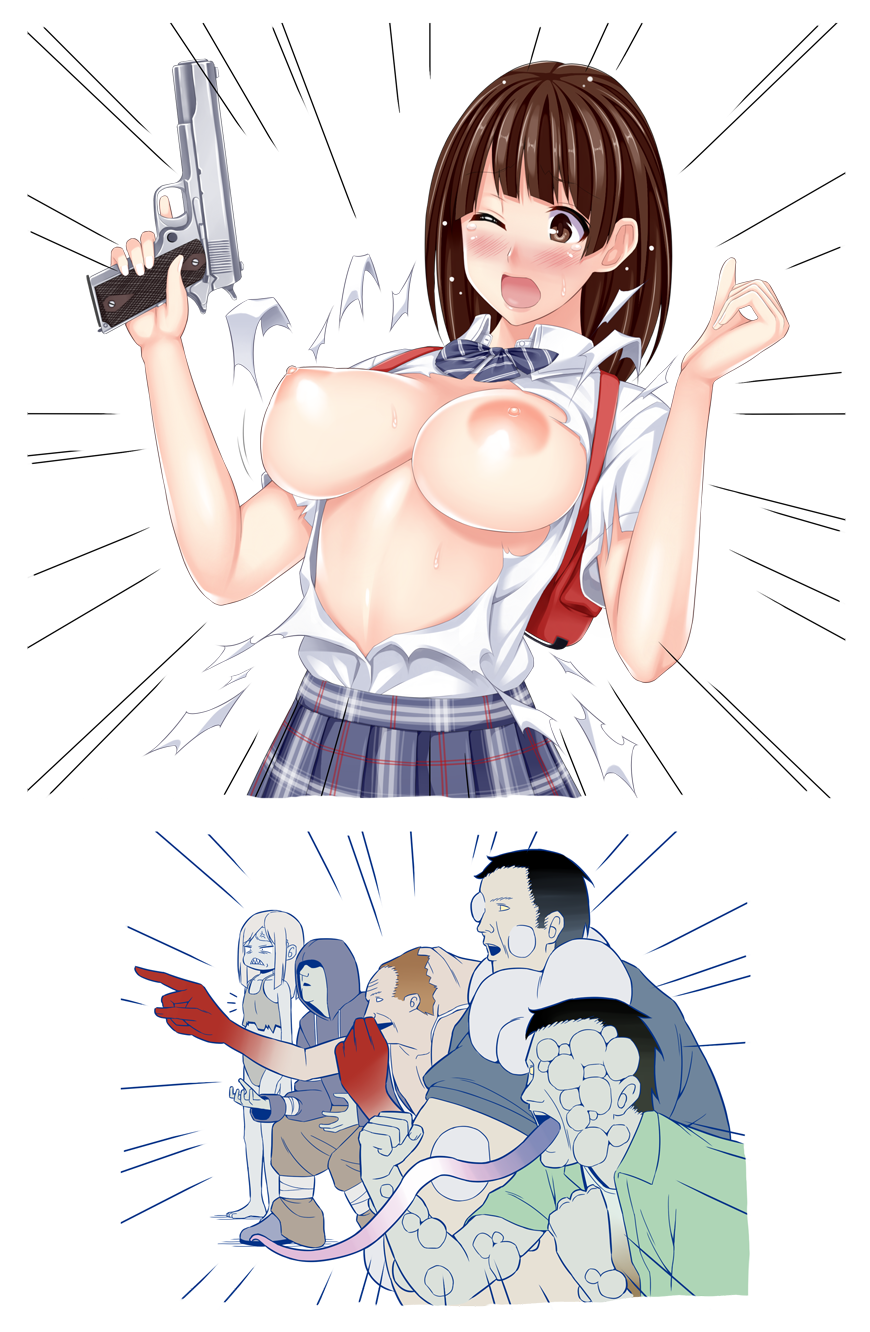 2girls 4boys ;o anger_vein backpack bag blush boomer_(left4dead) bow bowtie breast_envy breasts brown_eyes brown_hair dress_shirt exploding_clothes gacha_(game_mechanic) gaijin_4koma_(meme) gun handgun highres hirose_haruka holding holding_gun holding_weapon hood hooded_jacket hunter_(left4dead) jacket large_breasts left_4_dead left_4_dead_1 left_4_dead_2 left_4_dead_seizonshatachi left_4_dead_survivors long_tongue m1911 meme multiple_boys multiple_girls nipples one_eye_closed open_mouth original pale_skin plaid_clothes plaid_skirt school_uniform shirt short_sleeves skirt smoker_(left4dead) striped_bow striped_bowtie striped_clothes striped_neckwear sweat tank_(left4dead) tongue tongue_out torn_clothes torn_shirt upper_body weapon white_shirt witch_(left4dead) zombie