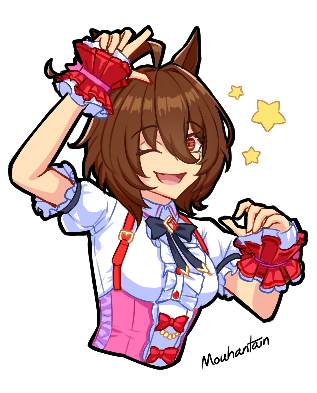 1girl agnes_tachyon_(umamusume) ahoge animal_ears argyle_bow bow brown_hair center_frills commentary cosplay english_commentary frills hair_between_eyes horse_ears horse_girl huge_ahoge looking_at_viewer lowres medium_hair mouhantain pink_skirt puffy_short_sleeves puffy_sleeves purple_bow red_eyes shirt short_sleeves skirt smart_falcon_(love_4ever)_(umamusume) smart_falcon_(umamusume) smart_falcon_(umamusume)_(cosplay) smile solo suspender_skirt suspenders umamusume wolf_cut wrist_cuffs