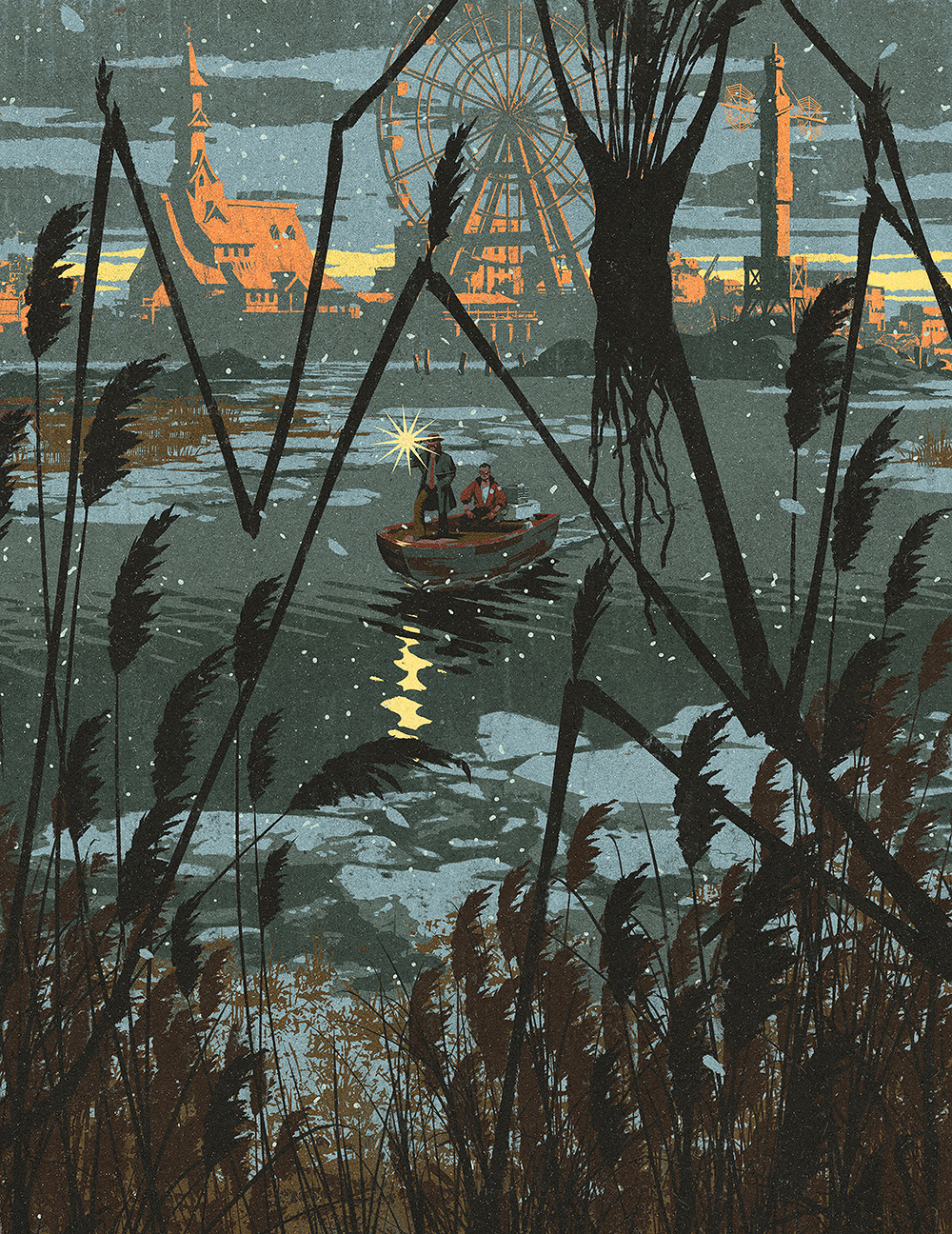 2boys boat building dark_foreground disco_elysium ferris_wheel flashlight flashlight_beam full_body harry_du_bois highres holding holding_flashlight kim_kitsuragi lake luis_melo multiple_boys outdoors sitting sunset water watercraft
