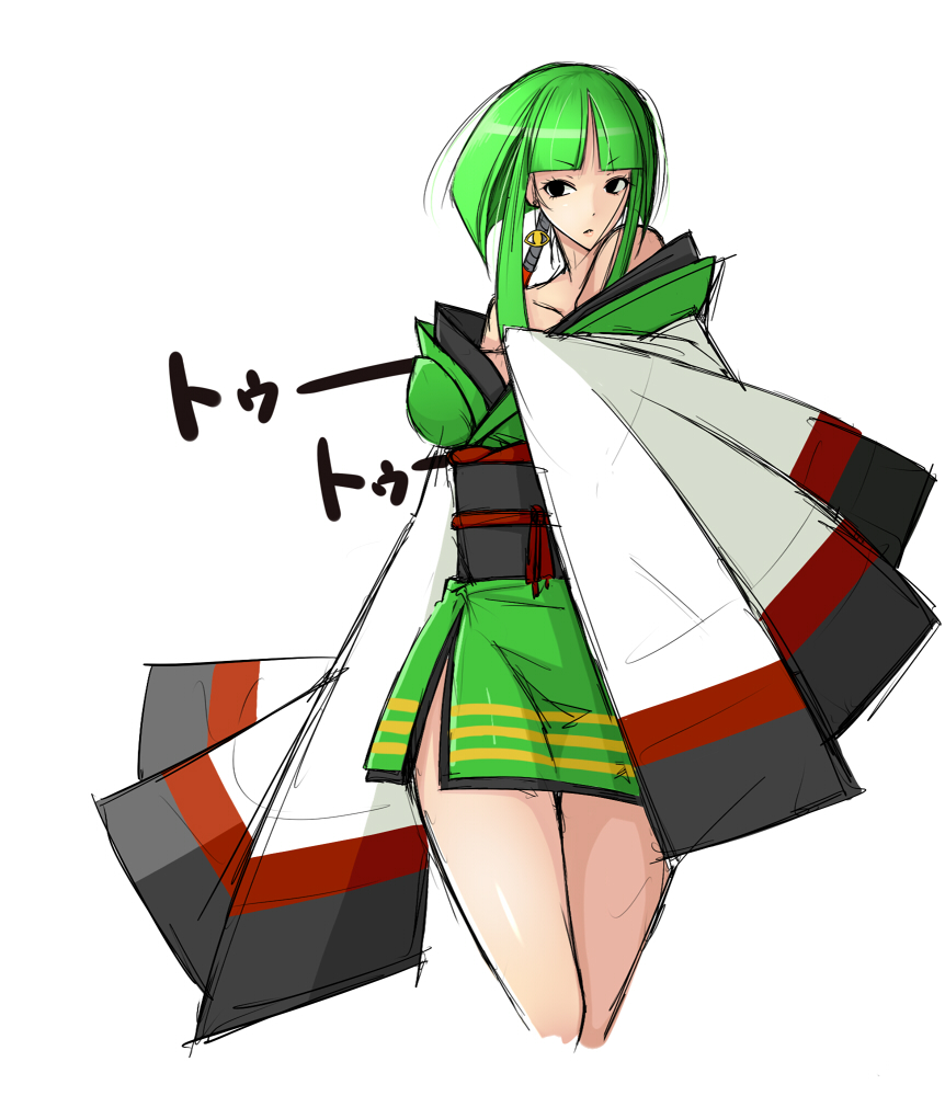 1girl black_eyes blunt_bangs breasts cleavage costume emukon female_focus gen_2_pokemon green_hair nintendo personification pokemon solo xatu