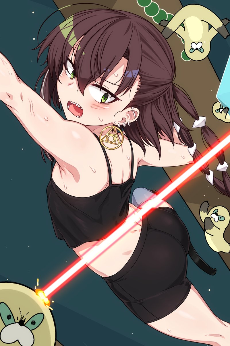1girl armpits ass bare_shoulders bike_shorts black_shorts blush brown_hair commentary_request ear_piercing earrings flat_chest fleeing green_eyes hair_between_eyes hair_ornament highres indie_virtual_youtuber jewelry kanatama laser long_hair looking_back multiple_piercings open_mouth piercing prosthesis prosthetic_leg running_blades sharp_teeth shorts sports_bra sweat sweatdrop teeth twintails umaway v-shaped_eyebrows virtual_youtuber