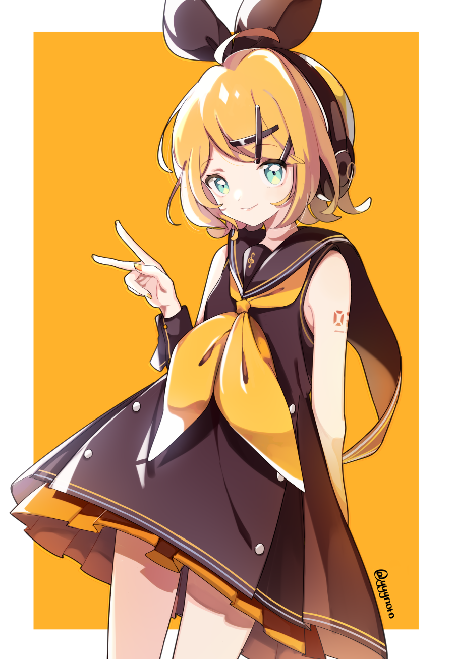 1girl ahoge bare_shoulders blonde_hair blush brown_dress brown_ribbon brown_sailor_collar captain_yue closed_mouth commentary_request dress female_focus fingernails green_eyes hair_ornament hair_ribbon hairclip hand_up headphones highres kagamine_rin nail_polish neckerchief orange_background orange_nails orange_neckerchief parted_bangs ribbon sailor_collar sailor_dress sleeveless sleeveless_dress smile solo sour_model_(mikumikudance) twitter_username two-tone_background v vocaloid white_background wrist_cuffs x_hair_ornament