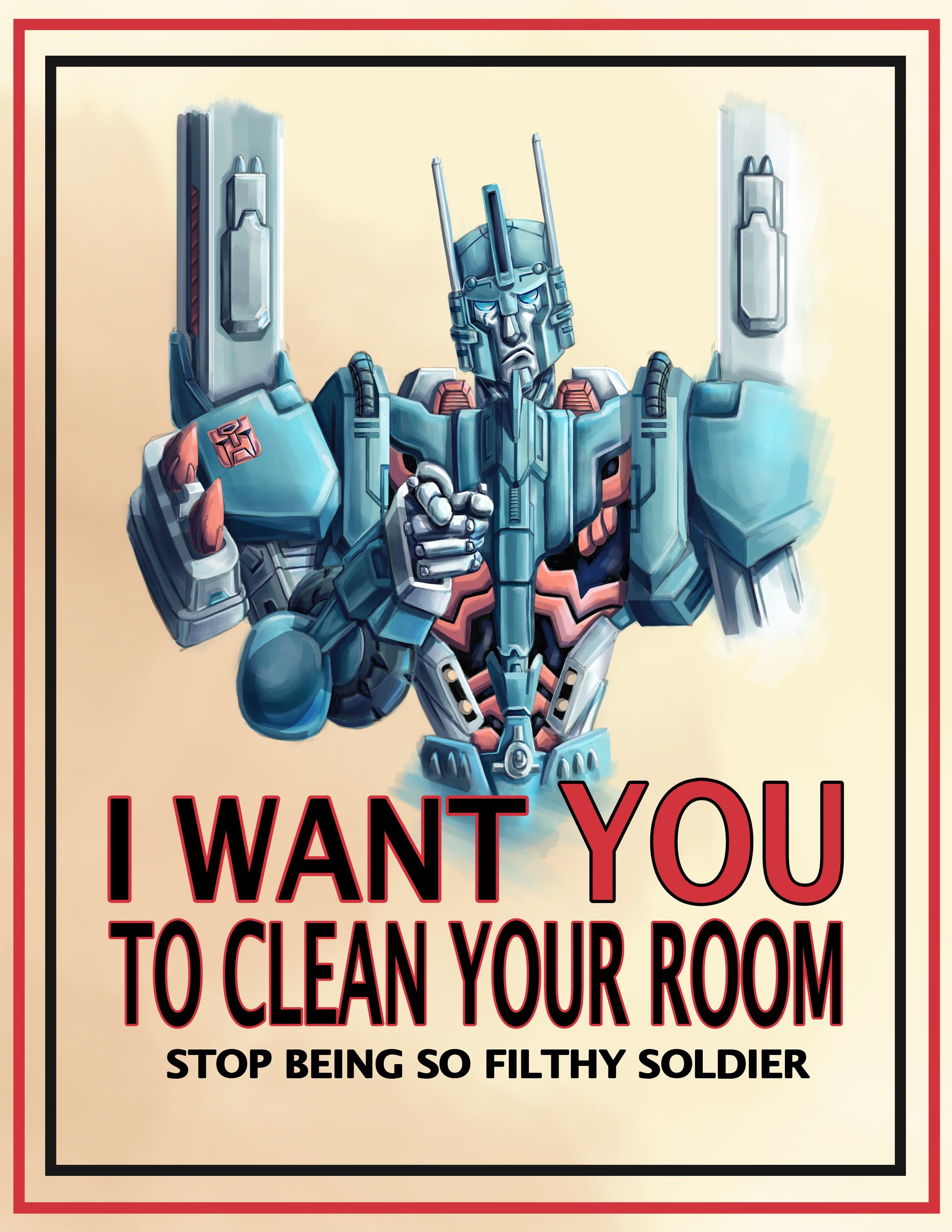 1boy absurdres autobot blue_eyes concept_hen english_text highres i_want_you mecha no_humans parody pointing pointing_at_viewer poster_parody propaganda robot the_transformers_(idw) transformers ultra_magnus