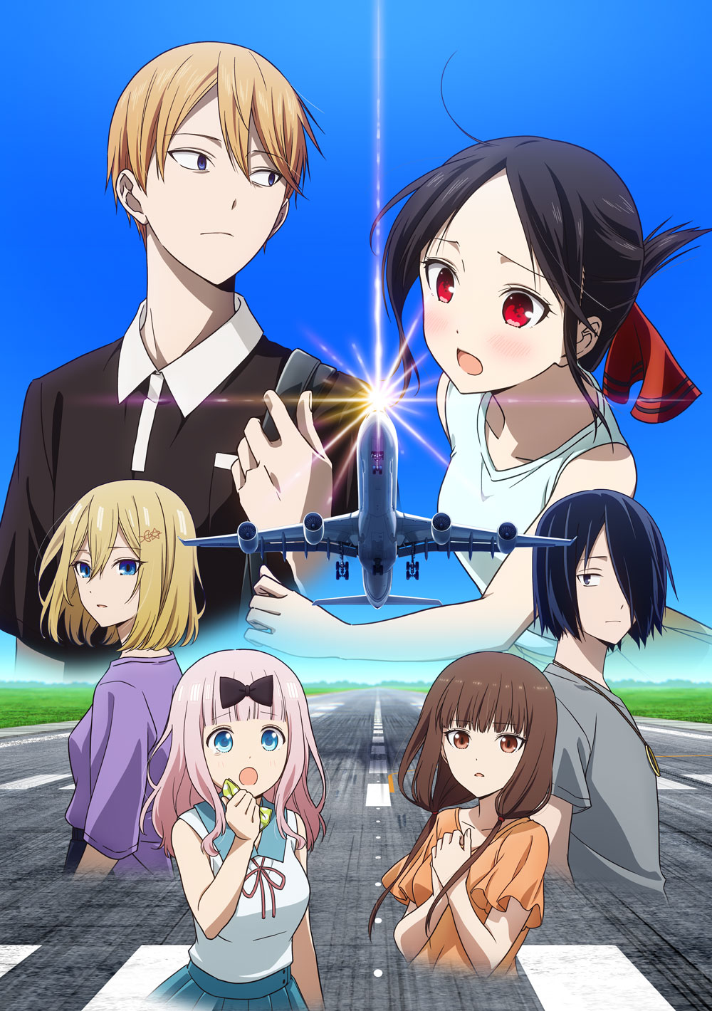 2boys 4girls aircraft airplane anime_coloring black_bow black_hair blonde_hair blue_eyes blunt_bangs bow breasts brown_hair collarbone collared_shirt commentary_request contrast_collar copyright_name fujiwara_chika hair_bow hair_over_one_eye hayasaka_ai highres holding iino_miko ishigami_yuu kaguya-sama_wa_kokurasetai_~tensai-tachi_no_renai_zunousen~ low_twintails medium_breasts multiple_boys multiple_girls official_art open_mouth orange_shirt parted_bangs pink_hair promotional_art purple_shirt red_eyes runway shinomiya_kaguya shirogane_miyuki shirt short_hair sleeveless sleeveless_shirt small_breasts spoilers textless_version twintails