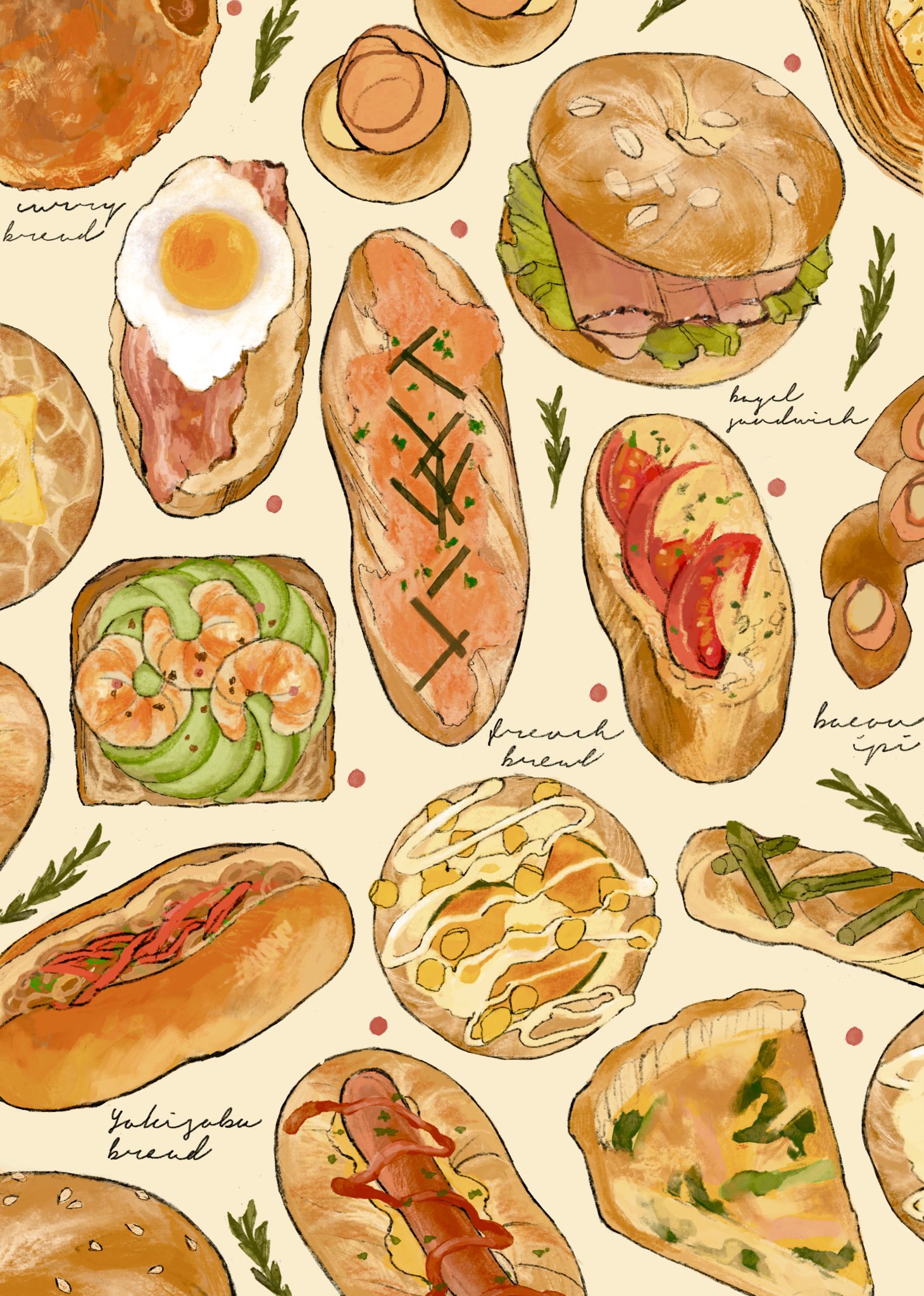 bagel bagel_sandwich bread curry_bread food food_focus food_name fried_egg highres hot_dog ketchup lettuce meat no_humans original satou_sugar18 shrimp tart_slice tomato tomato_slice yakisobapan
