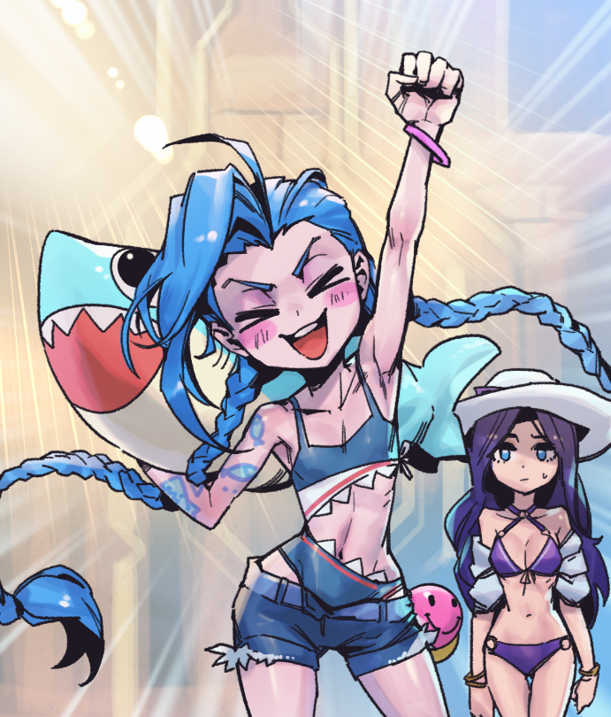 2girls :d arm_up backlighting bare_shoulders bikini black_hair blue_hair blue_shorts blush bracelet braid caitlyn_(league_of_legends) clenched_hand closed_eyes closed_mouth collarbone cowboy_shot holding jewelry jinx_(league_of_legends) league_of_legends light long_hair multiple_girls navel o-ring o-ring_bikini open_mouth pale_skin phantom_ix_row pool_party_caitlyn purple_bikini shorts smile stomach sweatdrop swimsuit teeth twin_braids upper_teeth_only very_long_hair white_headwear