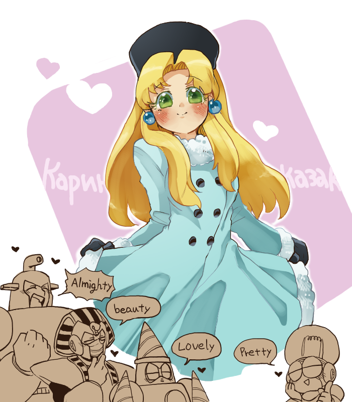 1girl ancient_egyptian blonde_hair blush bright_man capcom character_name coat dive_man drill_hand drill_man earrings gloves grin harvest88 hat heart helmet jewelry kalinka_cossack_(mega_man) light_bulb long_hair looking_at_viewer mask mega_man_(classic) mega_man_(series) mega_man_4 open_mouth pharaoh_man robot robot_ears sidelocks smile speech_bubble spoken_heart