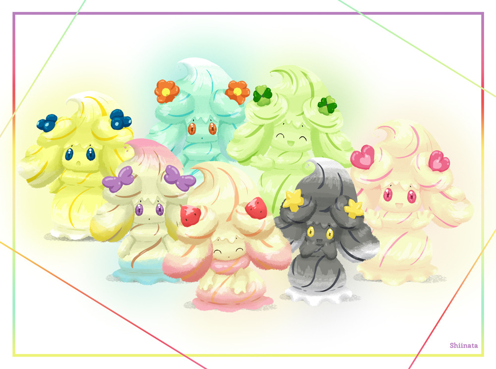:d :o ^_^ alcremie alcremie_(berry_sweet) alcremie_(flower_sweet) alcremie_(lemon_cream) alcremie_(love_sweet) alcremie_(matcha_cream) alcremie_(mint_cream) alcremie_(rainbow_swirl) alcremie_(ribbon_sweet) alcremie_(ruby_swirl) alcremie_(star_sweet) alcremie_(strawberry_sweet) alcremie_(vanilla_cream) alternate_color blue_eyes blueberry closed_eyes creature facing_viewer food fruit full_body gen_8_pokemon happy looking_at_viewer nintendo no_humans open_mouth orange_eyes pokemon pokemon_(creature) purple_eyes red_eyes shiinata shiny_pokemon signature simple_background smile standing strawberry white_background yellow_eyes