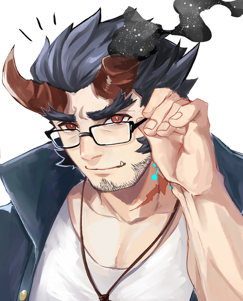 1boy adjusting_eyewear bara blue_hair bright_pupils broken_horn dark_blue_hair demon_boy demon_horns facial_hair glasses goatee_stubble hand_up happy_aura horns male_focus muscular muscular_male mutton_chops pectoral_cleavage pectorals scar short_hair smile solo star_(symbol) stubble takemaru_(housamo) tass_commuovere thick_eyebrows tokyo_houkago_summoners tusks