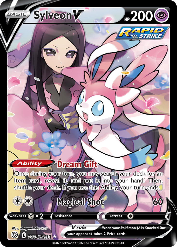 1girl artist_name blue_flower card_(medium) character_name closed_mouth company_name copyright_name copyright_notice english_text eyelashes fang flower gen_6_pokemon japanese_clothes kimono long_hair mizutani_megumi nintendo official_art open_mouth pink_kimono pink_petals pokemon pokemon_(creature) pokemon_card pokemon_tcg pokemon_xy smile sylveon third-party_source trading_card valerie_(pokemon) yellow_petals