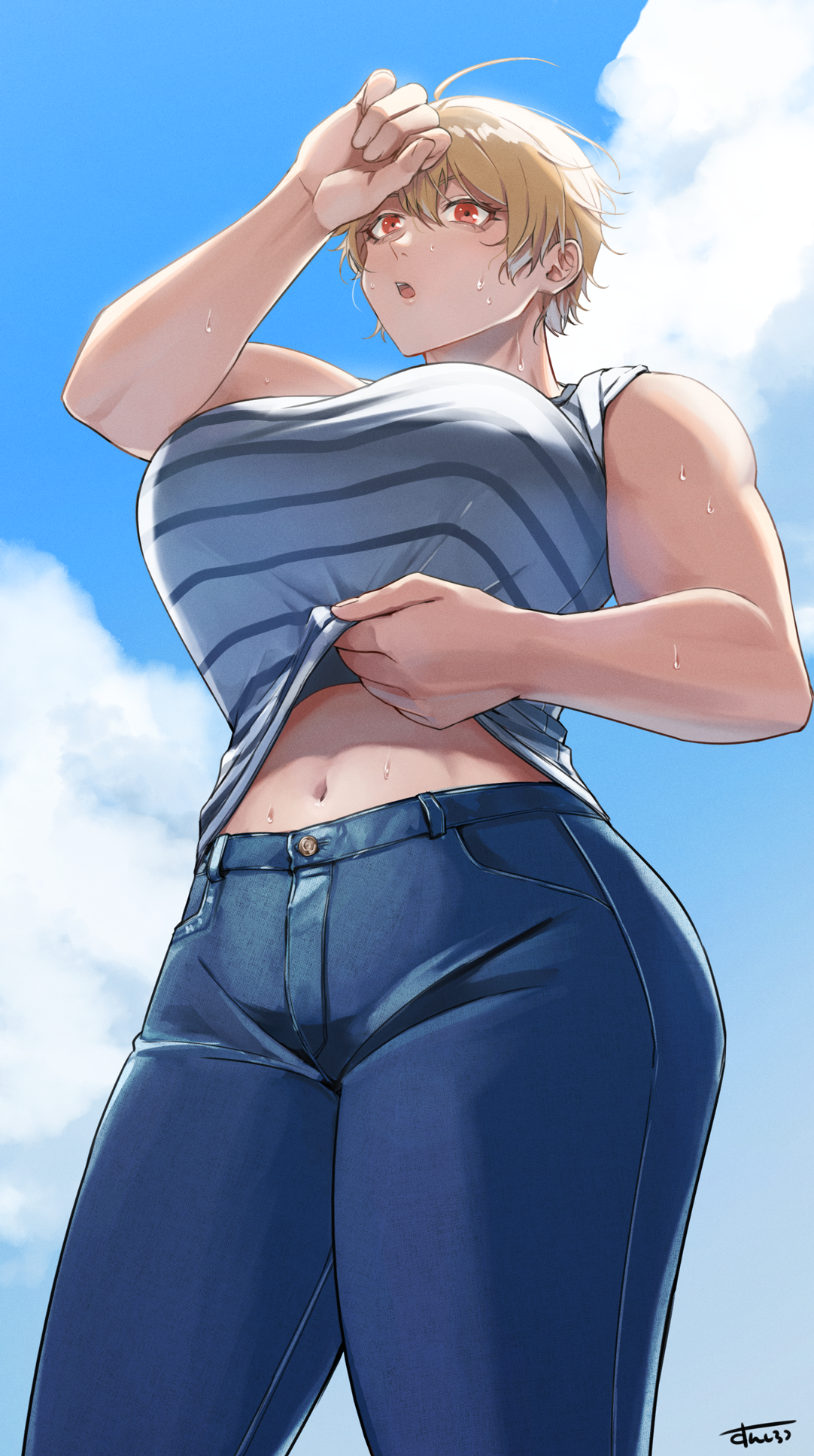 1girl bare_shoulders blonde_hair blue_period blue_sky breasts cloud curvy day denim highres jeans large_breasts miki_kinemi navel open_mouth outdoors pants red_eyes shirt short_hair sky solo standing striped_clothes striped_shirt sunsirou sweat thick_thighs thighs wiping_sweat
