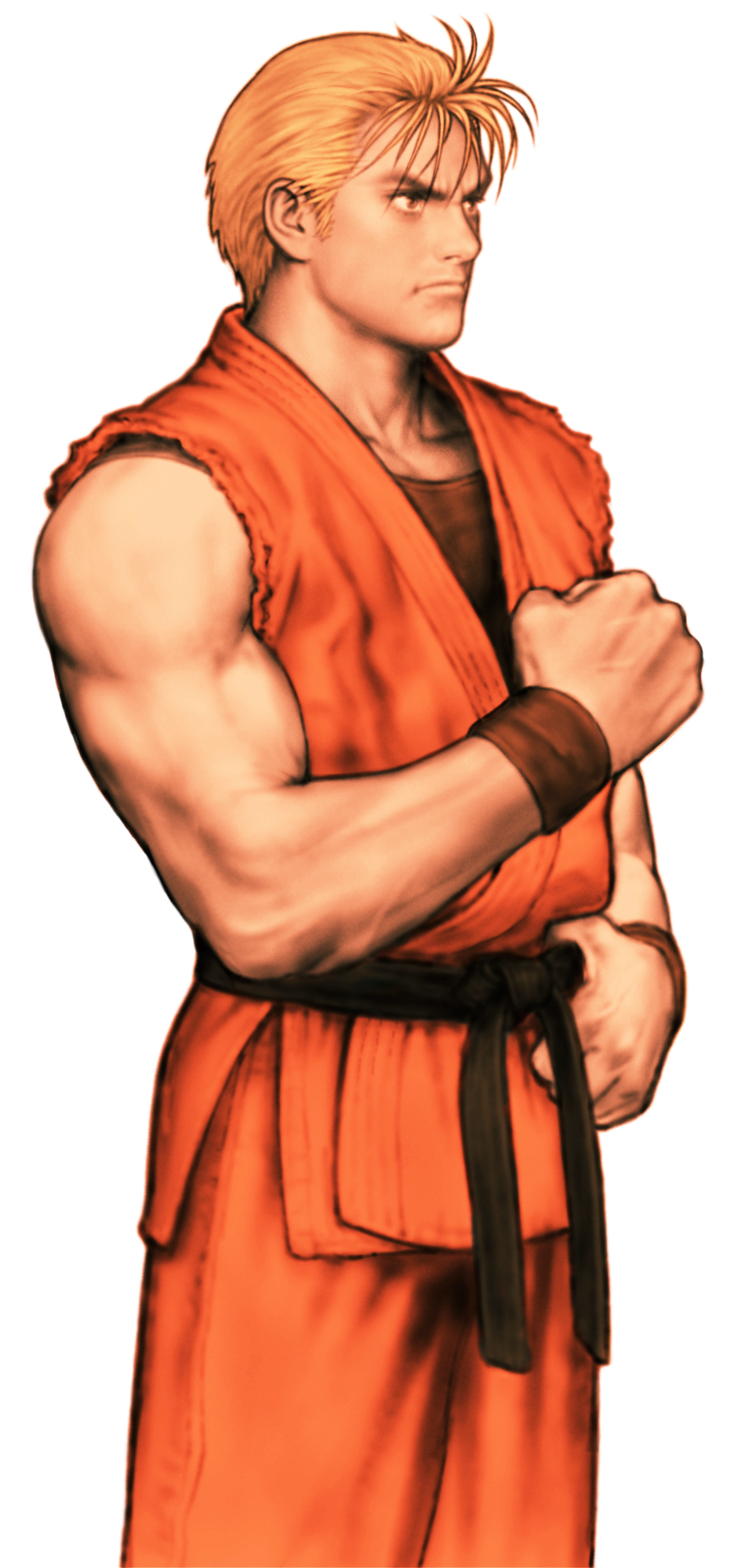 1boy belt black_belt black_undershirt blonde_hair capcom_vs_snk dougi game_cg hand_on_belt highres light_frown looking_to_the_side male_focus martial_arts_belt mori_toshiaki muscular non-web_source official_art orange_dougi raised_fist ryou_sakazaki ryuuko_no_ken sleeveless solo the_king_of_fighters torn_clothes torn_sleeves v-shaped_eyebrows wristband