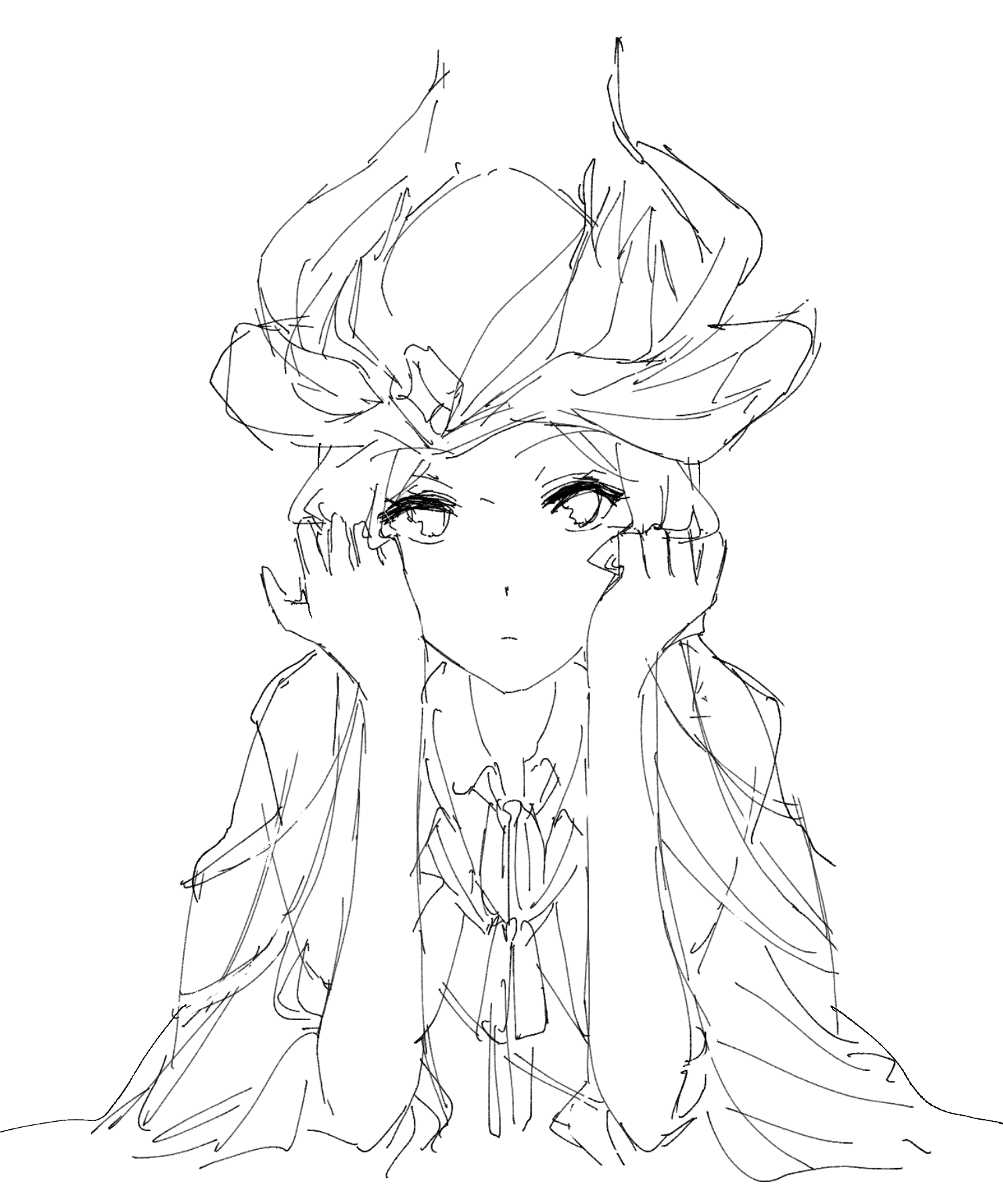 1girl aleis-tan aleister_crowley_(toaru_majutsu_no_index) elbow_rest hat head_rest highres jacket long_hair looking_at_viewer nmdsk ribbon sketch solo toaru_majutsu_no_index toaru_majutsu_no_index:_new_testament white_background