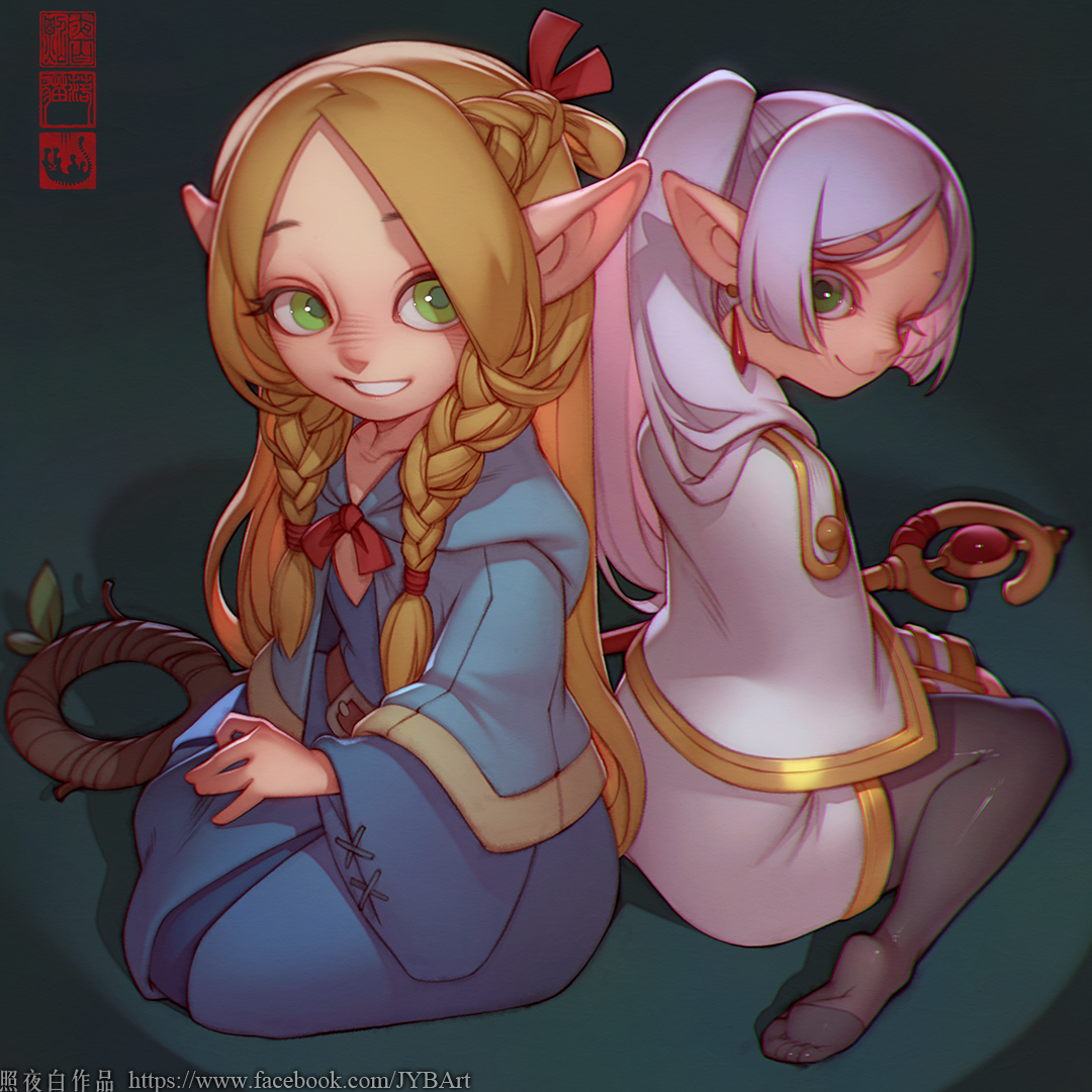 ambrosia_(dungeon_meshi) artist_name back-to-back black_panties blonde_hair blue_capelet blue_robe braid capelet commentary dungeon_meshi earrings elf floating_earring frieren full_body gold_trim green_background green_eyes holding holding_staff hood hooded_capelet jewelry long_hair long_sleeves looking_at_viewer mage_staff marcille_donato no_shoes panties parted_bangs pointy_ears robe season_connection simple_background sitting skirt smile soles sousou_no_frieren staff twintails underwear wariza watermark web_address white_capelet white_hair white_skirt zhaoyebai