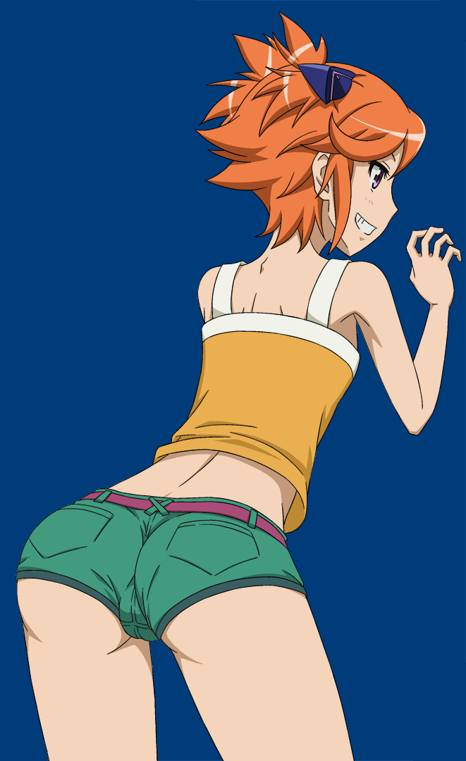 1girl ass butt_crack captain_earth grin midriff orange_hair purple_eyes short_hair shorts smile sukima_sangyou thighs twintails yomatsuri_akari