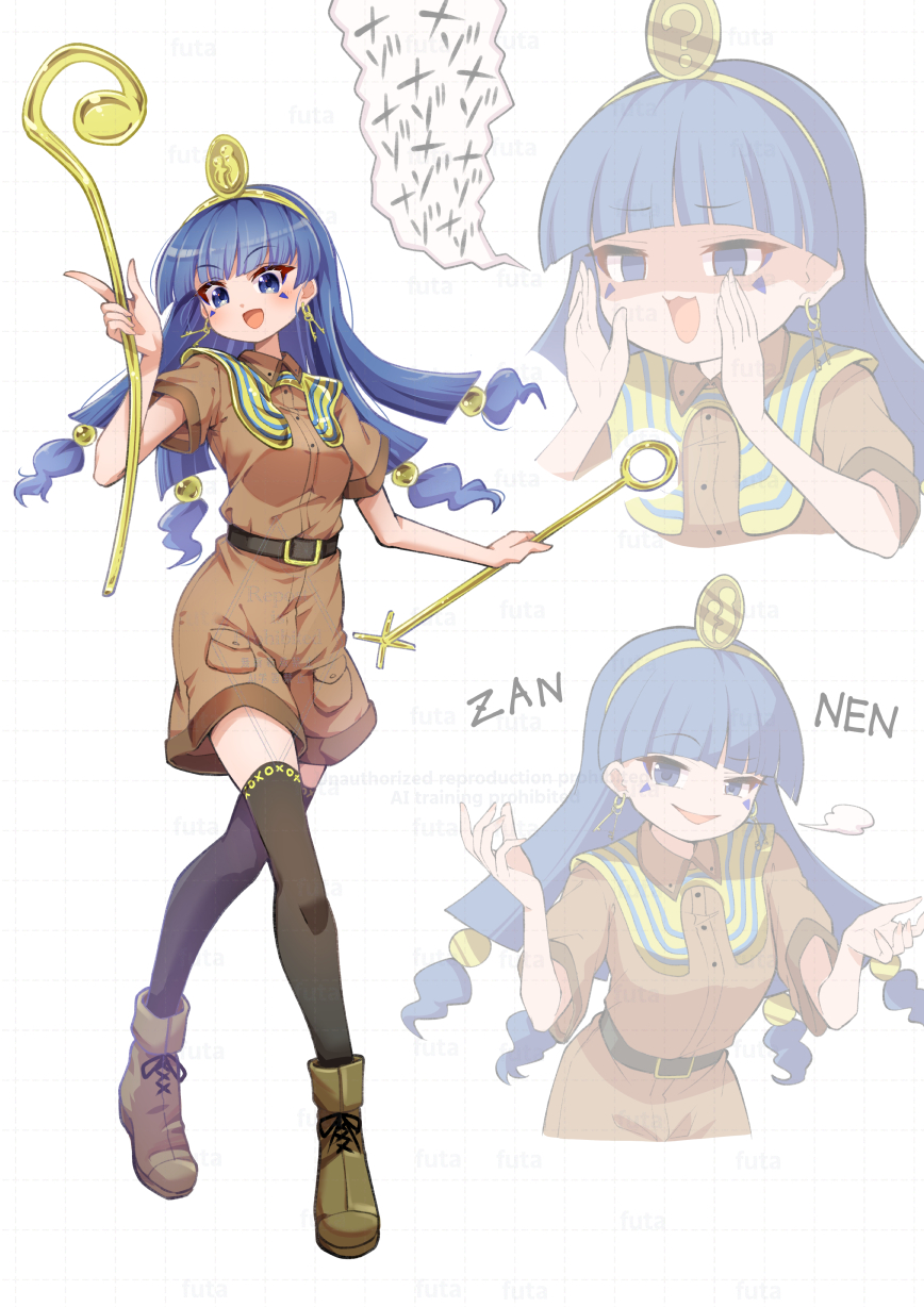 1girl belt black_thighhighs blue_eyes blue_hair blush boots breasts brown_boots brown_shirt brown_shorts collared_shirt commentary_request earrings facial_mark futa_(nabezoko) gold_headdress highres holding holding_scepter jewelry key_earrings long_hair looking_at_viewer michigami_nareko multiple_views open_mouth pocket puff_of_air scepter shirt short_sleeves shorts smile speech_bubble thighhighs touhou translation_request triangle triangle_facial_mark very_long_hair watermark
