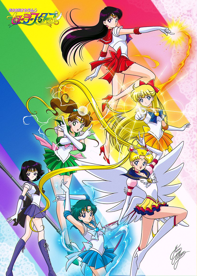 6+girls :d aino_minako ankle_boots arms_up back_bow bare_legs bishoujo_senshi_sailor_moon bishoujo_senshi_sailor_moon_stars black_hair blonde_hair blue_bow blue_eyes blue_hair blue_sailor_collar blue_skirt bob_cut boots bow brooch brown_bow brown_hair choker circlet closed_mouth copyright_name crescent crescent_facial_mark crossed_arms dot_nose double_bun earrings elbow_gloves eternal_sailor_moon facial_mark female_focus fire forehead_mark gloves green_choker green_eyes green_footwear green_sailor_collar green_skirt hair_bobbles hair_bow hair_bun hair_ornament hairpin heart heart_brooch heart_choker high_heels high_ponytail hino_rei hydrokinesis jewelry kino_makoto knee_boots lace-up_boots lace_background layered_skirt legs_apart legs_together lgbt_pride lightning long_hair m/ magical_girl marco_albiero miniskirt mizuno_ami multiple_girls official_style open_mouth orange_choker orange_skirt pink_bow pointing pointing_at_viewer ponytail pride_month puffy_sleeves purple_bow purple_eyes purple_footwear purple_sailor_collar purple_skirt pyrokinesis rainbow rainbow_order red_bow red_choker red_footwear red_sailor_collar red_skirt sailor_collar sailor_jupiter sailor_mars sailor_mercury sailor_moon sailor_saturn sailor_senshi sailor_senshi_uniform sailor_venus short_hair signature silence_glaive skirt smile star_(symbol) star_choker star_earrings super_sailor_jupiter super_sailor_mars super_sailor_mercury super_sailor_saturn super_sailor_venus tamegai_katsumi_(style) tomoe_hotaru tsukino_usagi twintails water white_footwear white_gloves white_wings wings yellow_bow yellow_skirt