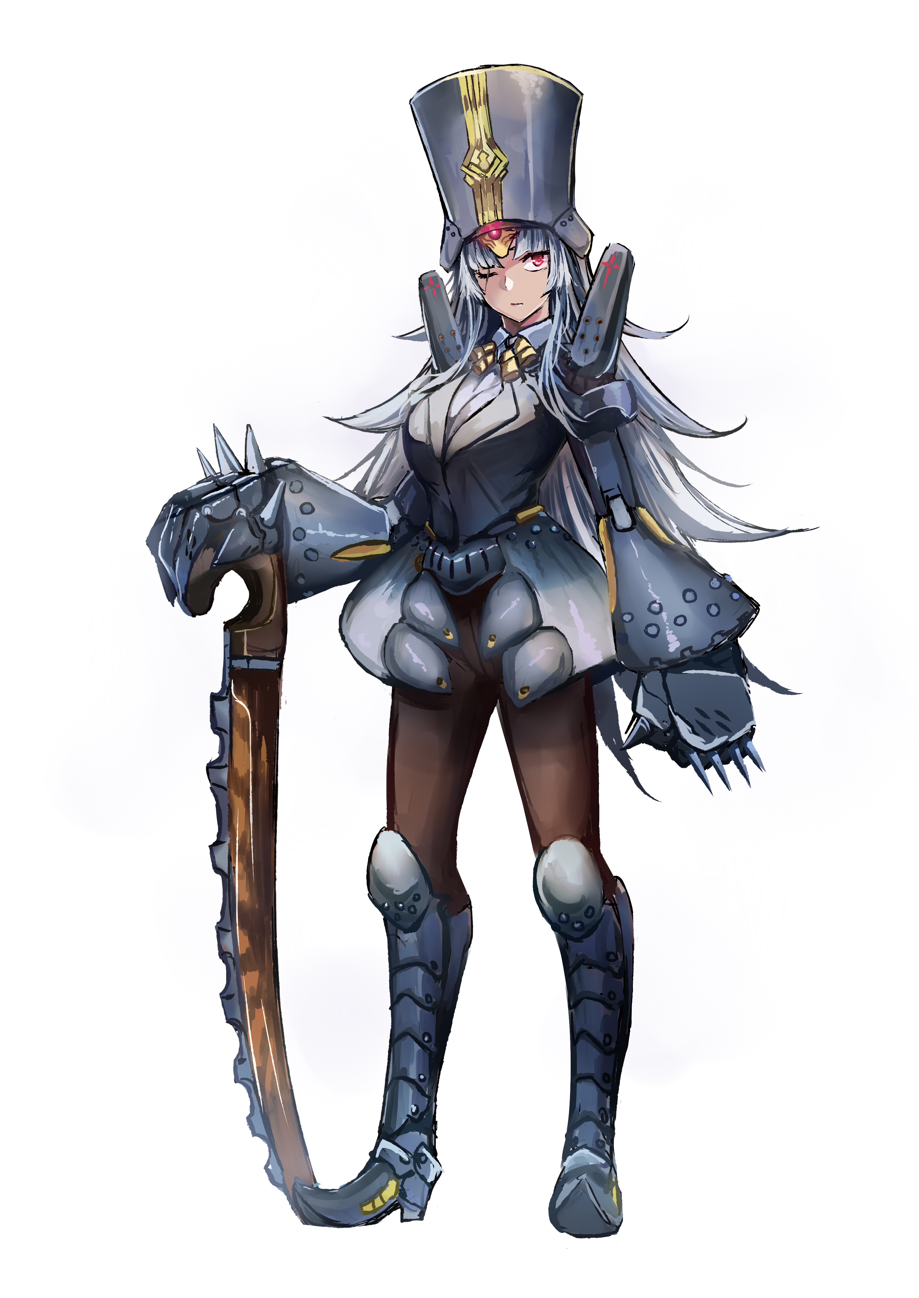 1girl absurdres armor charles_babbage_(fate) chinese_commentary commentary_request fate/grand_order fate_(series) faulds full_body gauntlets genderswap genderswap_(mtf) greaves helmet highres jeffrey10 long_hair looking_at_viewer pants red_eyes scar scar_across_eye scar_on_face silver_hair simple_background standing sword weapon white_background
