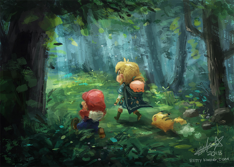 arms_behind_head bettykwong blue_overalls blue_shirt carrying chibi facing_away forest gen_1_pokemon grass kirby kirby_(series) light_rays link mario mario_(series) nature nintendo overalls painting_(action) piggyback pikachu pokemon pokemon_(creature) red_shirt shirt sunbeam sunlight super_smash_bros. the_legend_of_zelda the_legend_of_zelda:_breath_of_the_wild tree
