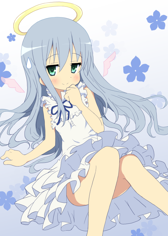 1girl ano_hi_mita_hana_no_namae_wo_bokutachi_wa_mada_shiranai. blue_hair blush cosplay dress female_focus frilled_dress frills green_eyes halo honma_meiko honma_meiko_(cosplay) izumi_kanata long_hair lucky_star ribbon sleeveless solo sweatdrop tyke wings