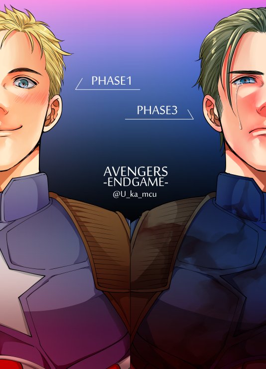 1boy artist_name avengers:_endgame avengers_(series) blonde_hair blue_background blue_bodysuit blue_eyes blush bodysuit captain_america closed_mouth commentary_request copyright_name crying crying_with_eyes_open dual_persona english_text gradient_background looking_at_viewer marvel marvel_cinematic_universe short_hair simple_background smile star_(symbol) steve_rogers superhero_costume tears the_avengers_(2012) u-ka_(fukei) upper_body