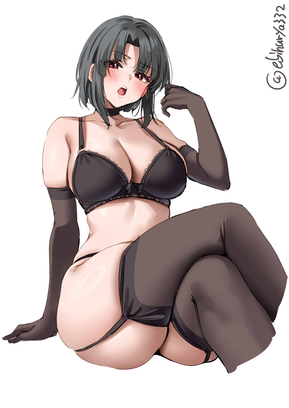1girl artist_name bare_shoulders black_bra black_choker black_hair black_panties black_thighhighs blush bra breasts choker collarbone commentary_request cropped_legs crossed_legs curtained_hair ebifurya elbow_gloves gloves grey_hair hair_intakes highres invisible_chair kantai_collection large_breasts looking_at_viewer medium_hair one-hour_drawing_challenge open_mouth panties parted_bangs sidelocks simple_background sitting solo takao_(kancolle) teeth thighhighs thighs twitter_username underwear upper_teeth_only white_background