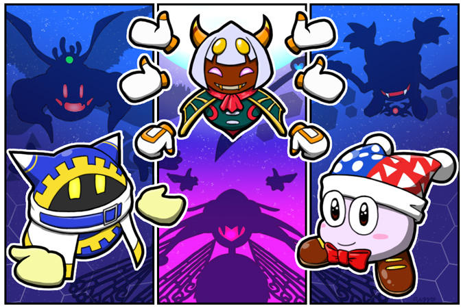 ^_^ animal_ears ascot belt_buckle belt_collar black_eyes blue_background blue_hat blue_hood blush_stickers bow bowtie brown_footwear buckle buttons cape chest_jewel closed_eyes closed_mouth collar colored_skin commentary covered_mouth crystal_wings dark_skin ear_covers english_commentary evil_smile extra_eyes extra_hands fangs full_moon fur-trimmed_headwear fur_trim gear_print gloves green_cape green_vest happy hat heart insect_wings jester_cap jewelry kirby_(series) looking_at_viewer magolor magolor_soul marx_(kirby) marx_soul moon necklace night night_sky nintendo no_humans open_mouth outline pink_eyes polka_dot_headwear pom_pom_(clothes) purple_skin queen_sectonia rayman_limbs red_ascot red_bow red_bowtie red_hat scarf shoes silhouette sirometa sky smile solid_oval_eyes spider_web_print star_(sky) starry_sky taranza traditional_bowtie triangle_print two-tone_headwear vest white_cape white_gloves white_outline white_scarf wings yellow_eyes