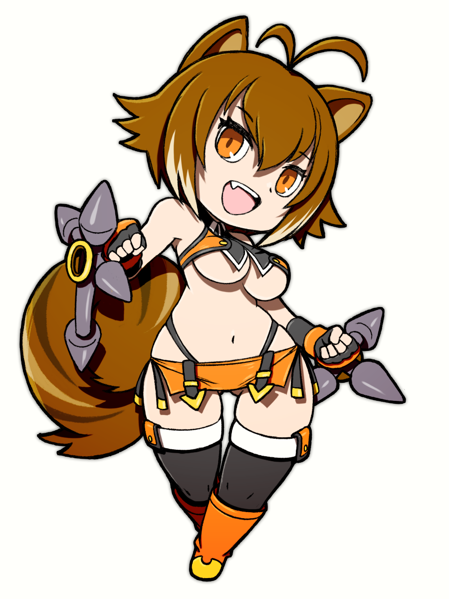 1girl :d animal_ears antenna_hair bare_shoulders beeru_(veil8801) black_gloves black_thighhighs blazblue boots breasts brown_hair brown_tail colored_tips deformed fang fingerless_gloves full_body gloves gluteal_fold hair_between_eyes highres large_breasts makoto_nanaya microskirt multicolored_hair navel open_mouth orange_boots orange_eyes orange_skirt short_hair simple_background skirt smile solo squirrel_ears squirrel_girl squirrel_tail tail teeth thighhighs tonfa two-tone_hair underboob upper_teeth_only weapon white_background white_hair