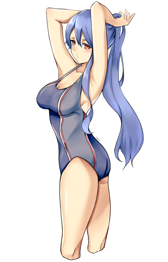 1girl armpit_crease blue_hair blush breasts competition_swimsuit double-parted_bangs eiyuu_densetsu embarrassed falcom hair_between_eyes himwi large_breasts laura_s._arseid long_hair looking_at_viewer one-piece_swimsuit ponytail sen_no_kiseki_(series) sen_no_kiseki_i sidelocks simple_background solo swimsuit white_background yellow_eyes