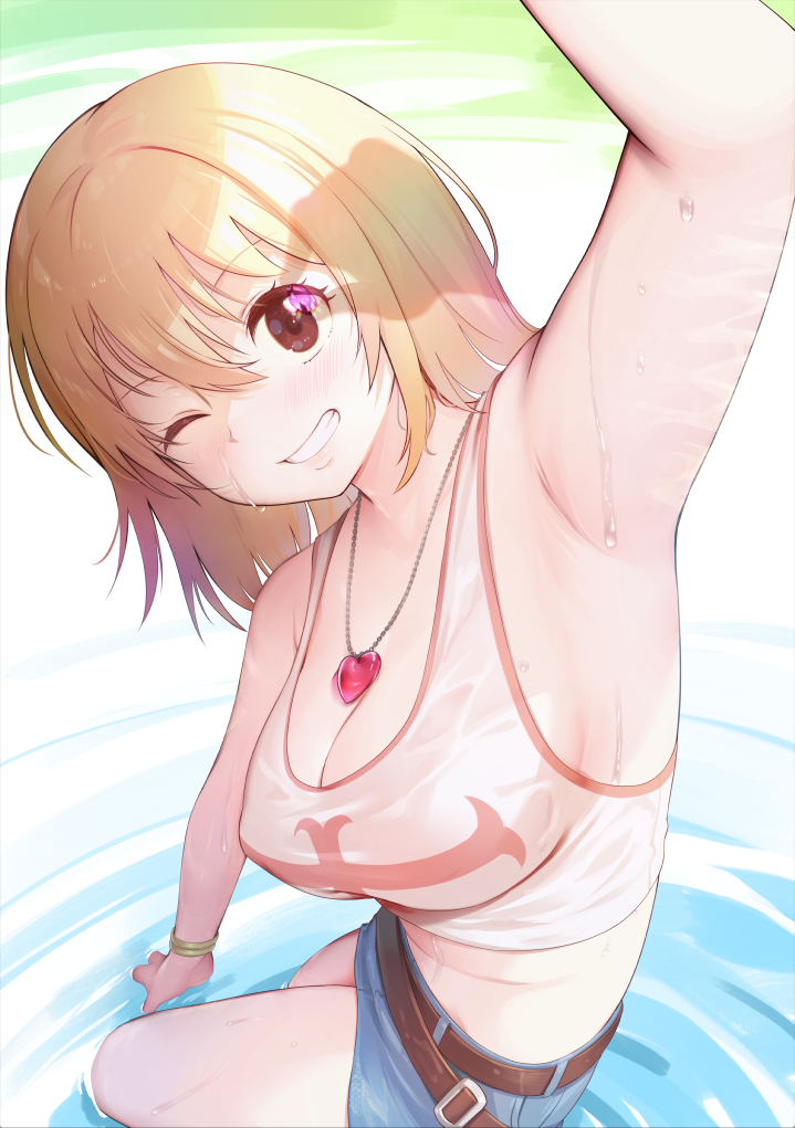 1girl armpits bare_shoulders belt blonde_hair bracelet breasts cleavage denim denim_skirt elie_(rave) jewelry large_breasts looking_at_viewer medium_hair midriff miniskirt one_eye_closed rave_(manga) red_eyes sideboob skirt smile solo tank_top thighs tomamatto wet