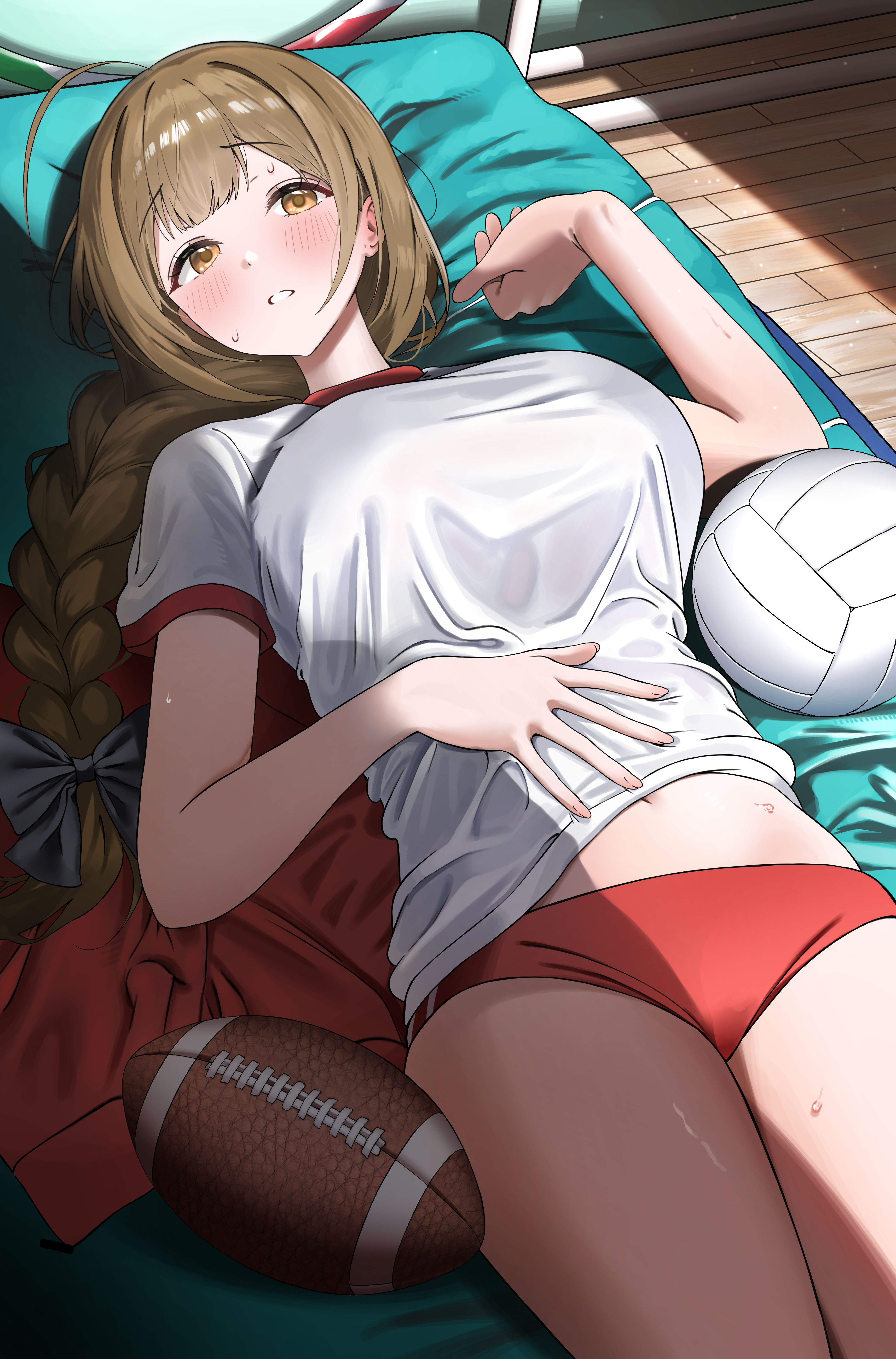 1girl absurdres ahoge alternate_costume american_football_(object) ball blush braid braided_ponytail breasts brown_eyes brown_hair buruma crack_of_light gym_shirt gym_storeroom gym_uniform highres idolmaster idolmaster_shiny_colors indoors kuwayama_chiyuki large_breasts long_hair looking_at_viewer lying navel on_back pdal_(pdalhhh) red_buruma shirt solo stomach sweat volleyball_(object)