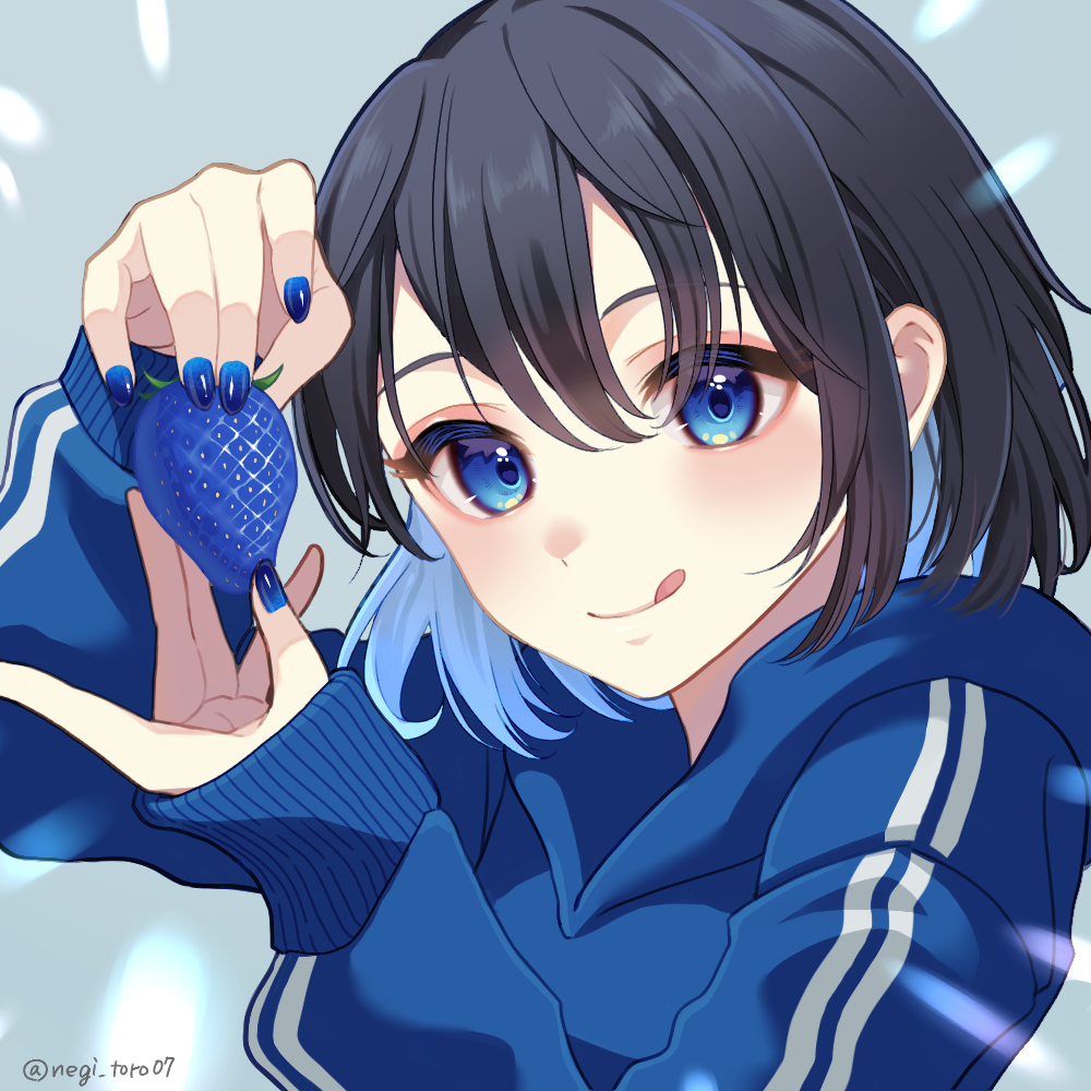 1girl :q applying_manicure black_hair blue_eyes blue_hood blue_nails food fruit ichigo_(darling_in_the_franxx) long_sleeves looking_at_viewer medium_hair nagi-negitoro nail_polish original solo strawberry tongue tongue_out