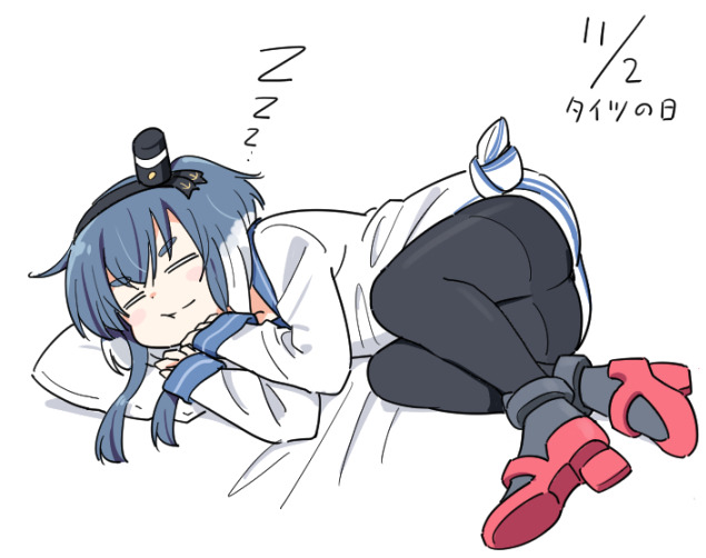 1girl anchor_symbol black_pantyhose blue_hair blue_sailor_collar closed_eyes closed_mouth commentary_request dated dress hat high_heels kantai_collection long_sleeves lying mini_hat multicolored_hair on_side pantyhose red_shoes sailor_collar sailor_dress shoes short_hair_with_long_locks sleeping solo thighband_pantyhose tokitsukaze_(kancolle) tonmoh white_hair zzz