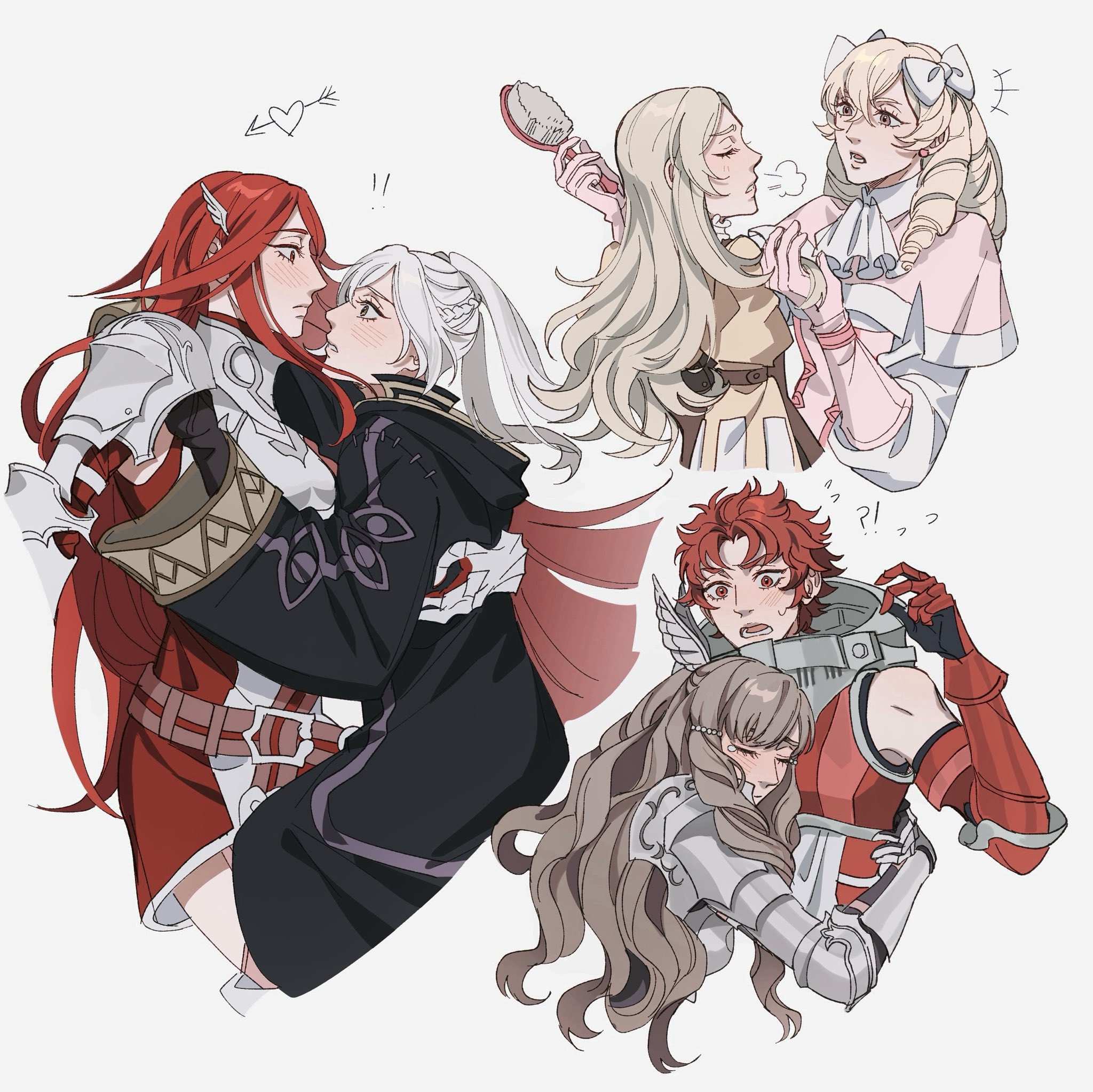 !? 6+girls alternate_hairstyle armor armored_dress black_gloves black_robe blonde_hair blush bow breastplate commentary cordelia_(fire_emblem) cropped_torso dress drill_hair english_commentary eye_contact female_robin_(fire_emblem) fire_emblem fire_emblem_awakening gauntlets gloves grey_hair hair_bow hair_brush hair_ornament highres hood hood_down hooded_robe hug lissa_(fire_emblem) long_hair looking_at_another maribelle_(fire_emblem) multiple_girls nintendo profile red_eyes red_hair robe seirorath short_hair simple_background sully_(fire_emblem) sumia_(fire_emblem) sweatdrop twin_drills twintails white_background white_bow white_hair wing_hair_ornament yuri