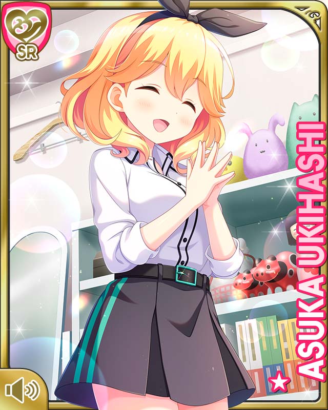 1girl bed bedroom blonde_hair bow breasts brown_eyes card_(medium) day closed_eyes girlfriend_(kari) grey_skirt hair_bow indoors medium_breasts official_art open_mouth qp:flapper school_uniform shirt short_hair skirt smile solo stuffed_animal stuffed_toy tagme thighhighs ukihashi_asuka white_shirt white_thighhighs