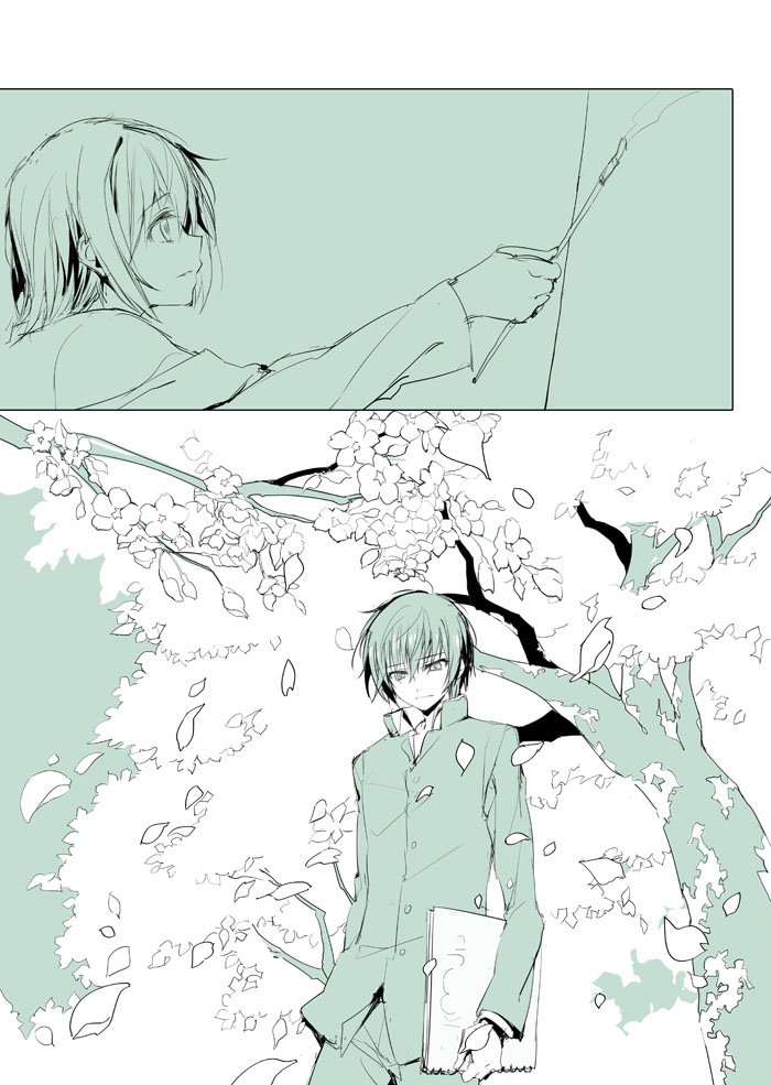 2boys cherry_blossoms kusanagi_naoya looking_at_another looking_to_the_side monochrome motoyon multiple_boys natsume_kei_(sakura_no_uta) paintbrush painting_(action) sakura_no_toki sakura_no_uta school_uniform simple_background
