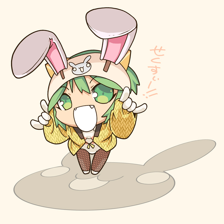 10s animal_ears bad_id bad_pixiv_id busou_shinki chibi fishnet_thighhighs fishnets green_eyes green_hair itanki maochao rabbit_ears solo thighhighs