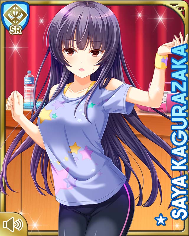 1girl :o black_pants card_(medium) character_name day girlfriend_(kari) indoors kagurazaka_saya long_hair looking_at_viewer official_art open_mouth pants purple_hair qp:flapper red_eyes school_uniform shirt short_sleeves solo standing tagme white_shirt workout_clothes wrist_band