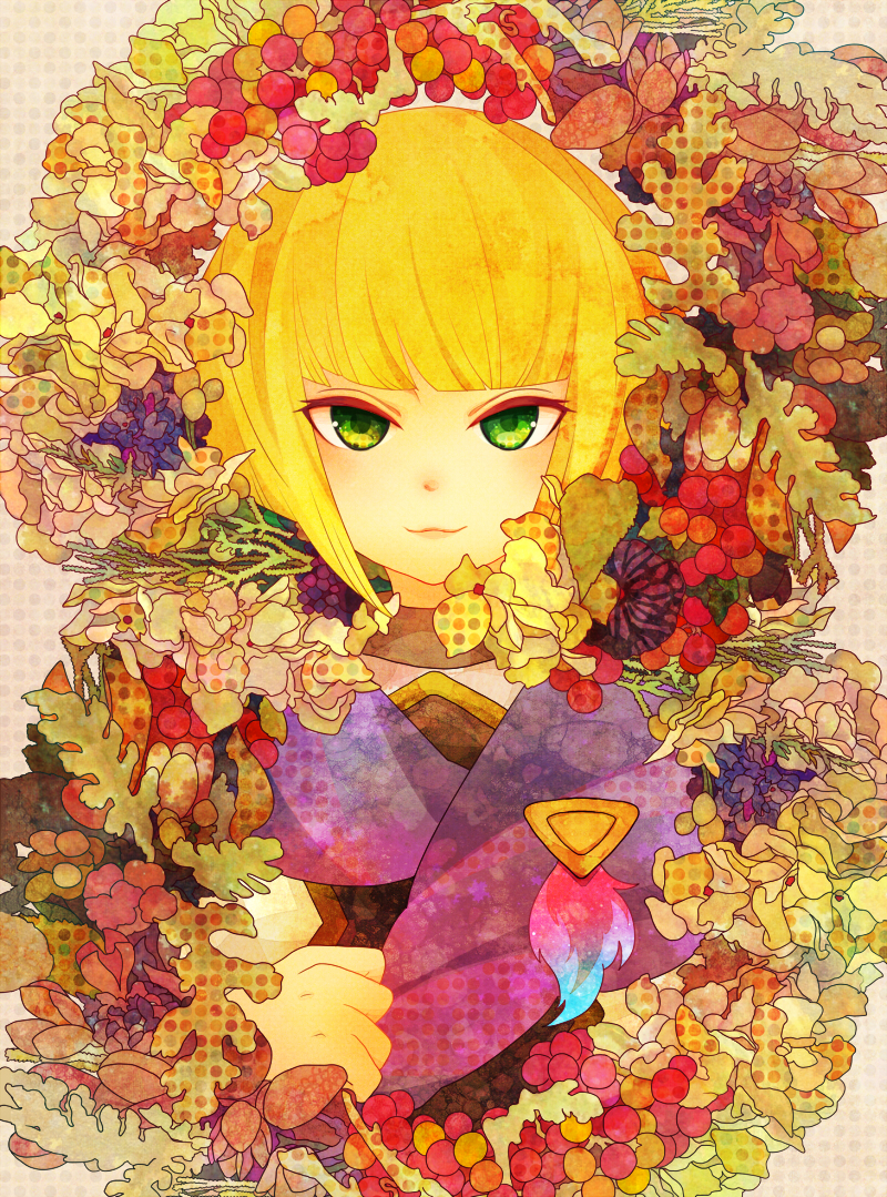 1girl asymmetrical_bangs berry blonde_hair flower food fruit golden_sun green_tea hime_cut leaf light_smile looking_at_viewer purple_sash roku_roku_(greentea66) sash sheba_(golden_sun) solo solo_focus tea wreath