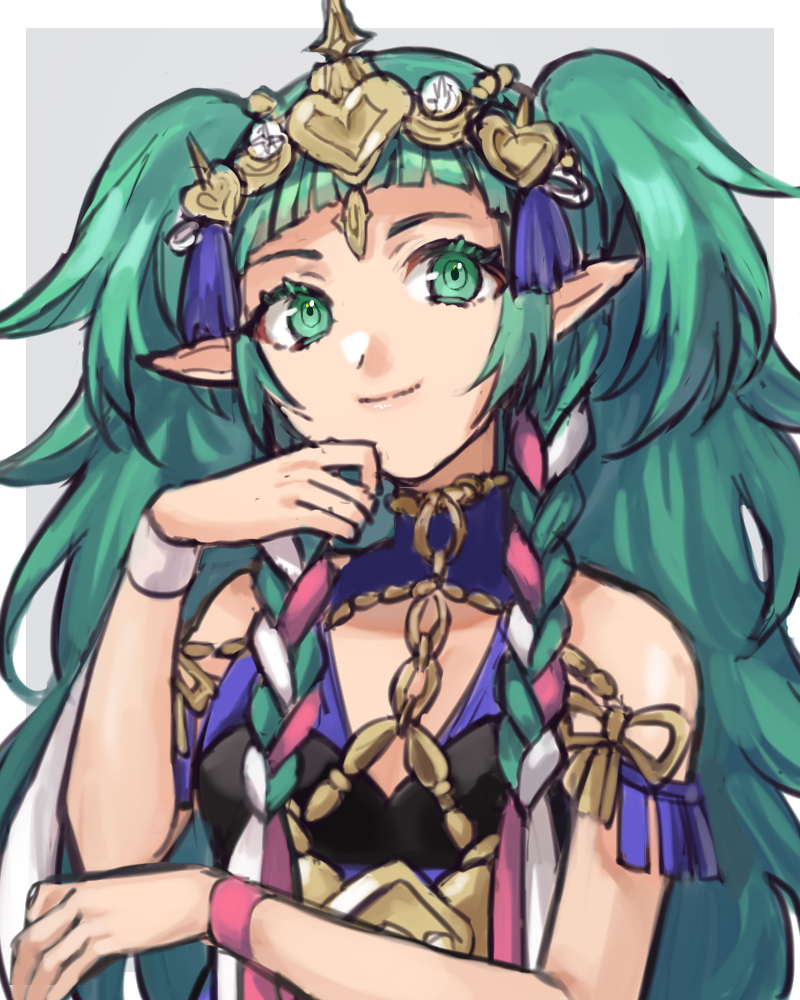 1girl bare_shoulders black_dress border closed_mouth commentary_request dress fire_emblem fire_emblem:_three_houses green_eyes green_hair grey_background hazuki_(nyorosuke) long_hair looking_at_viewer nintendo outside_border pointy_ears purple_dress simple_background sleeveless sleeveless_dress smile solo sothis_(fire_emblem) two-tone_dress two_side_up very_long_hair white_border