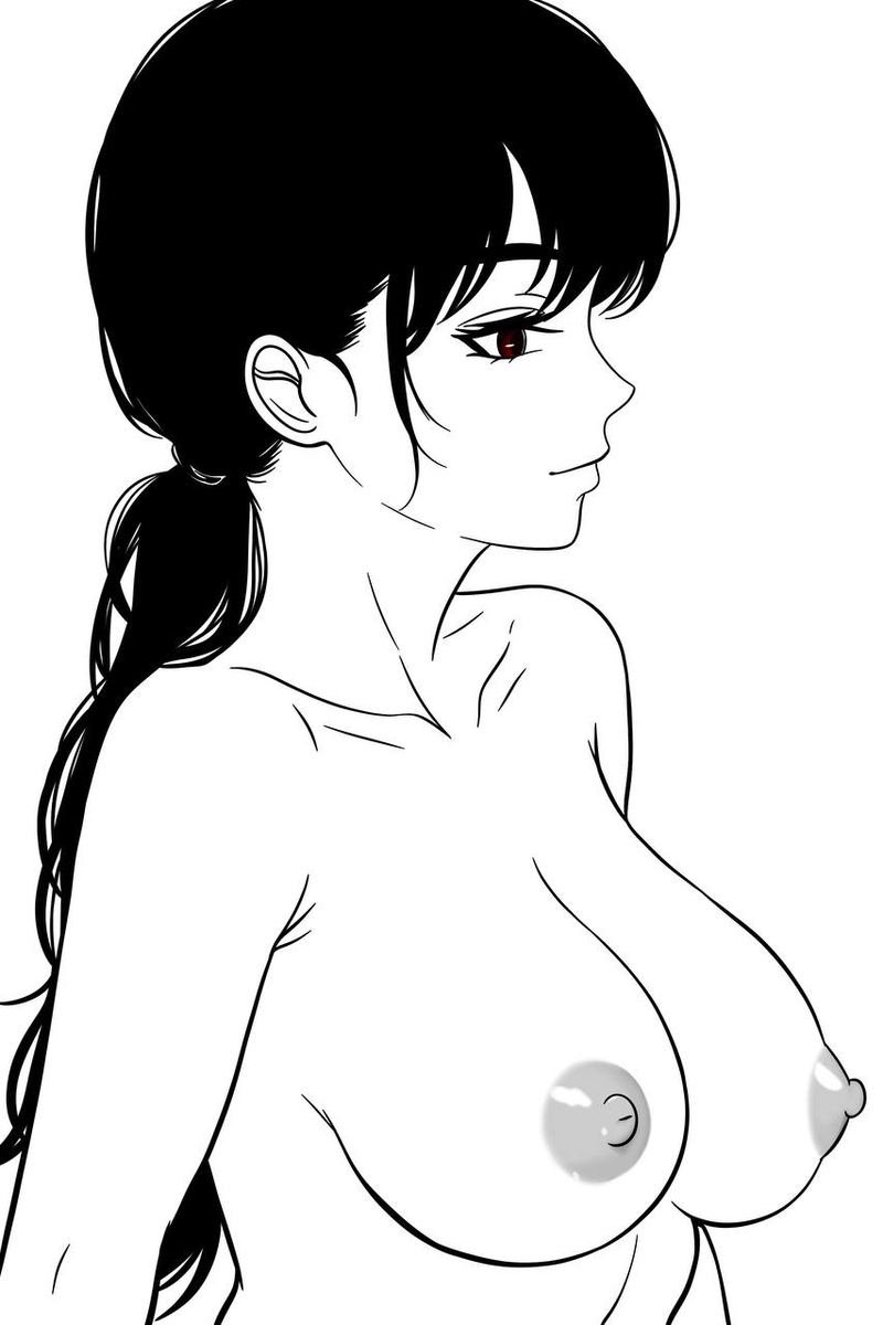 1girl black_hair breasts chainsaw_man highres large_breasts mitaka_asa monochrome mordredpenx nipples topless_female twintails