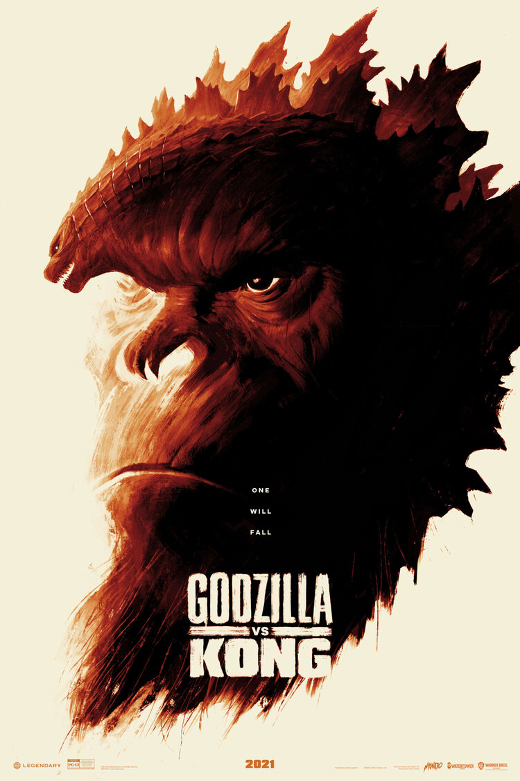 ape beard claws crossover dinosaur english_text facial_hair giant giant_monster godzilla godzilla_(series) godzilla_vs._kong gorilla kaiju king_kong king_kong_(series) legendary_pictures monster monsterverse movie_poster no_humans open_mouth phantom_city_creative poster_(medium) sharp_teeth spikes tail teeth toho