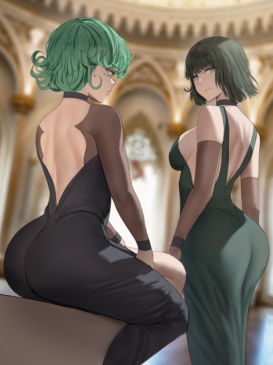 2girls ai-assisted ass backless_dress backless_outfit bare_shoulders black_dress black_hair blurry blurry_background breasts choker closed_mouth commentary curly_hair dress elbow_gloves english_commentary from_behind fubuki_(one-punch_man) gloves green_dress green_eyes green_hair highres indoors large_breasts looking_at_viewer looking_back median_furrow multiple_girls one-punch_man patreon_logo patreon_username profile shexyo short_hair shoulder_blades siblings sisters sitting tatsumaki watermark web_address