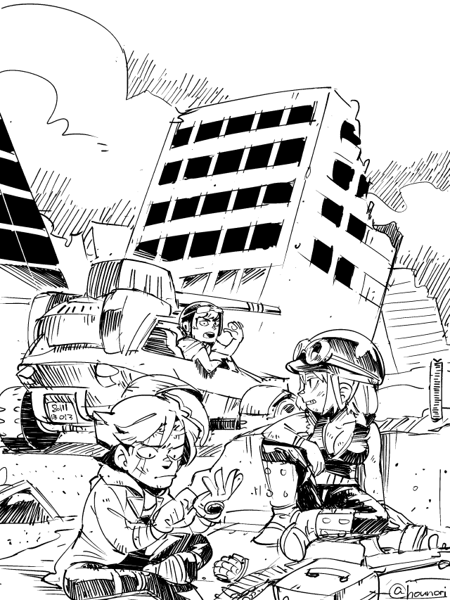 1girl 2boys breasts cleavage full_body greyscale hounori hunter_(metal_max) medium_breasts metal_max metal_max_3 military military_vehicle monochrome motor_vehicle multiple_boys open_mouth short_hair tank twitter_username