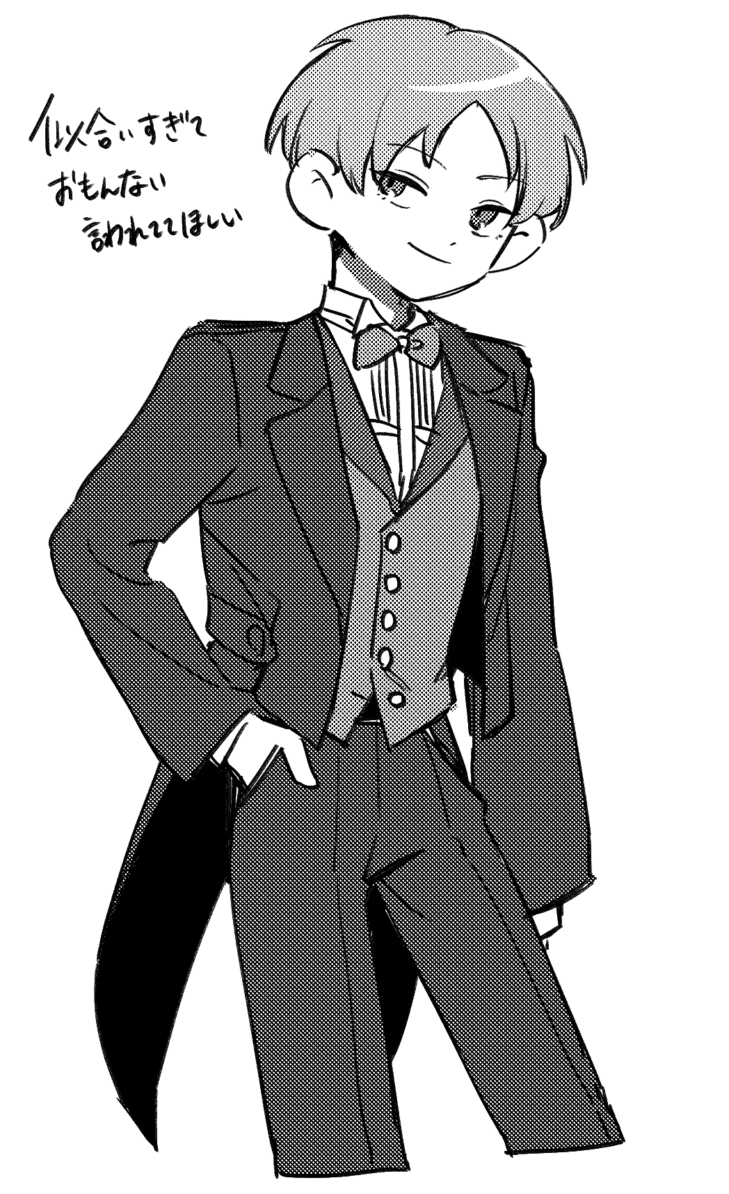 1boy bow bowtie collared_shirt commentary_request futsuu_no_keion-bu greyscale halftone hand_in_pocket highres kida_taishi looking_to_the_side male_focus monochrome multi-source_commentary rra_(yj) shirt short_hair smirk solo tuxedo undershirt